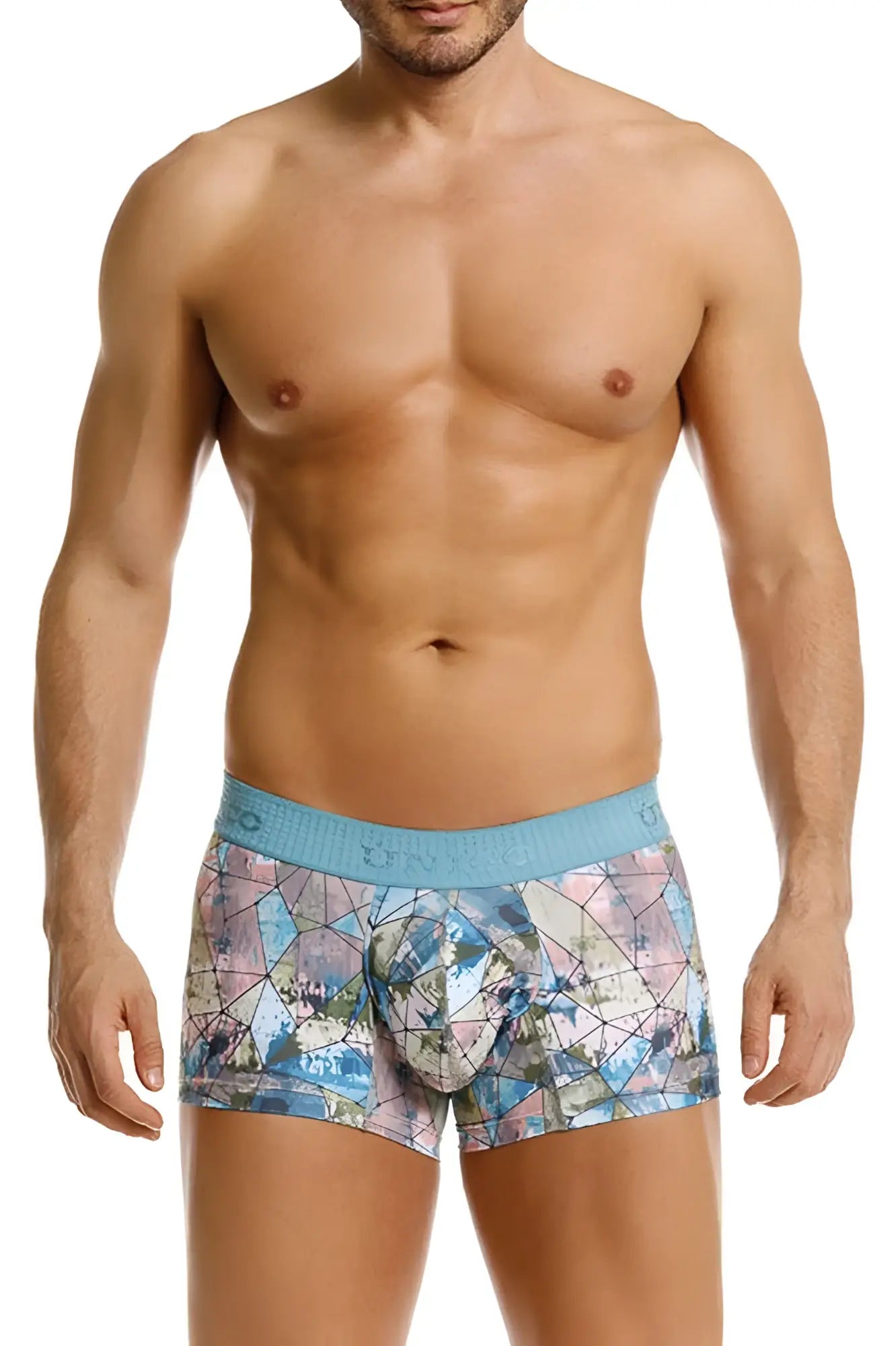 Unico vitral trunks in blue and pink geometric pattern with light blue elastic waistband for comfortable wear