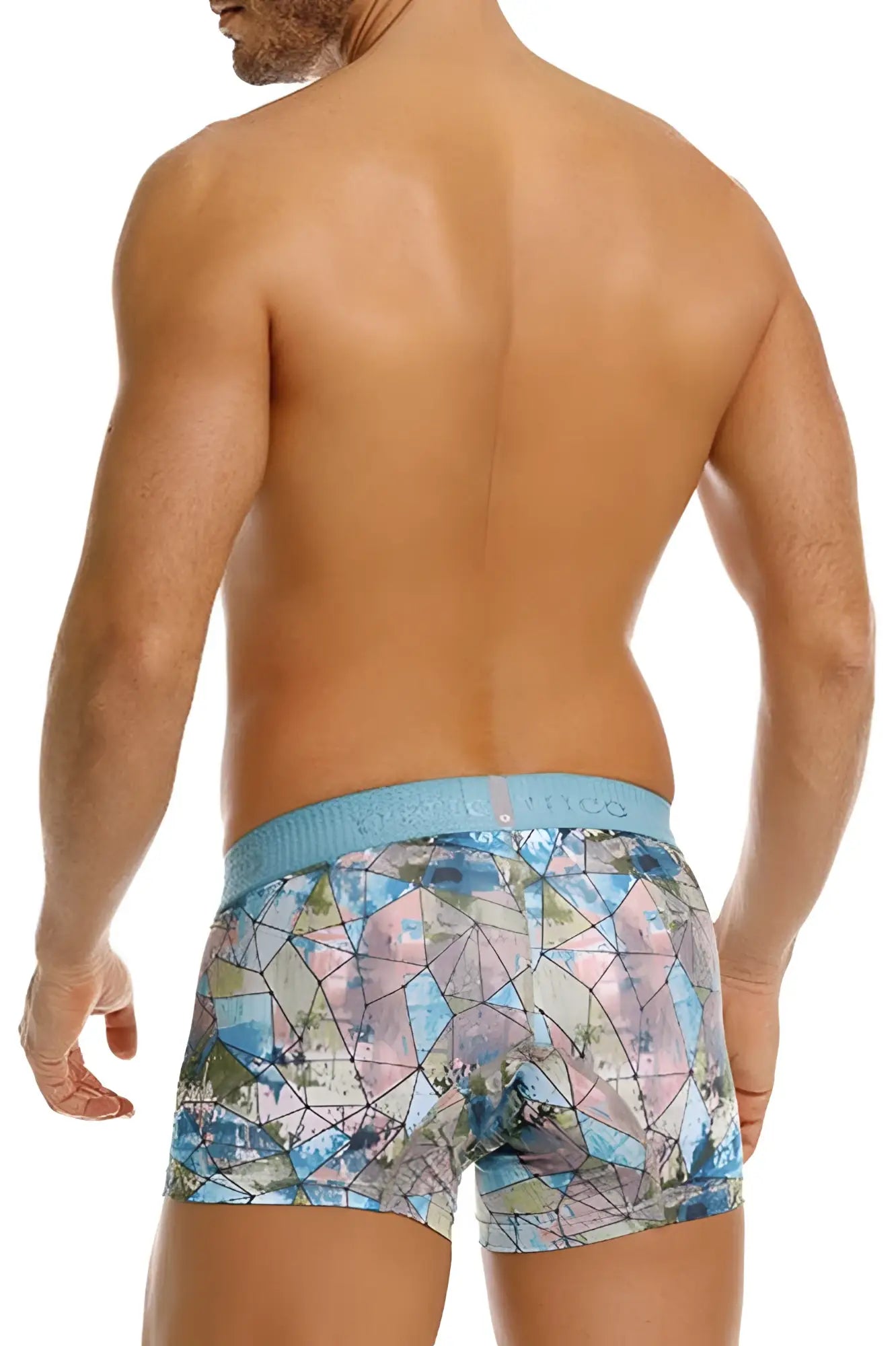 Unico 25070100105 Vitral trunks printed blue and pink geometric patterned men’s boxer briefs with light blue waistband