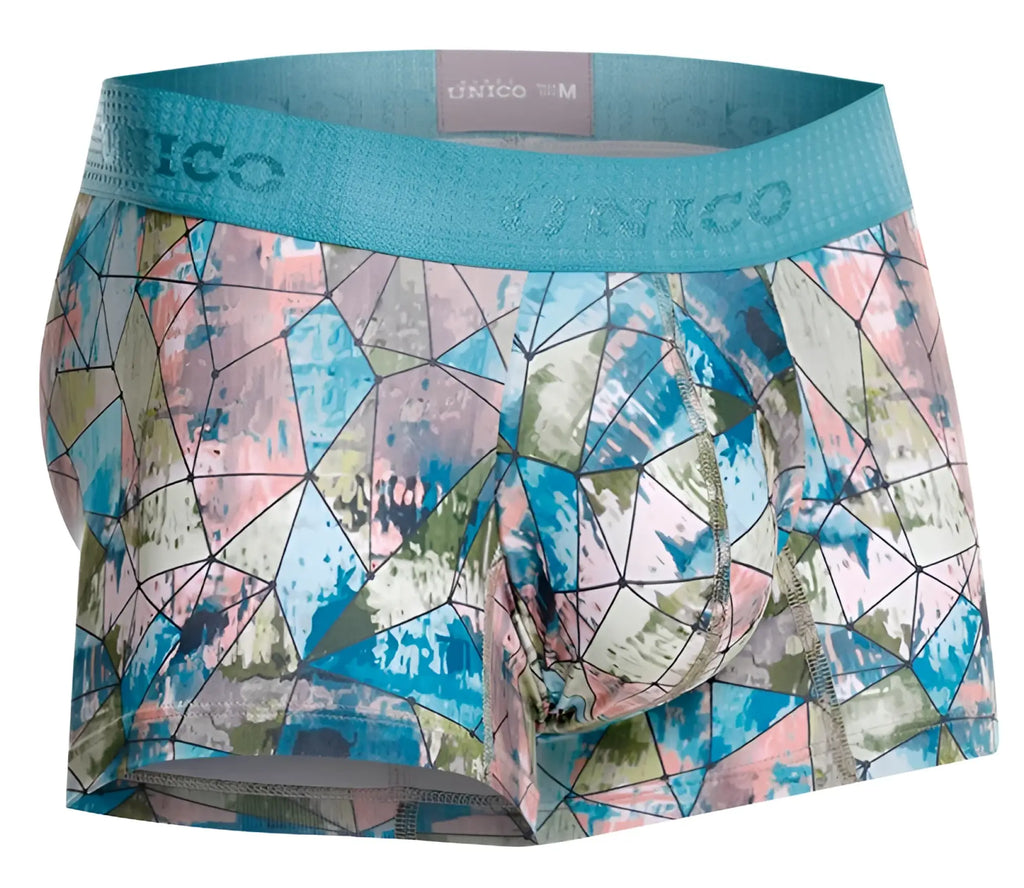 Unico 25070100105 vitral trunks color 46 printed men’s boxer briefs with geometric blue pink green pattern and teal waistband