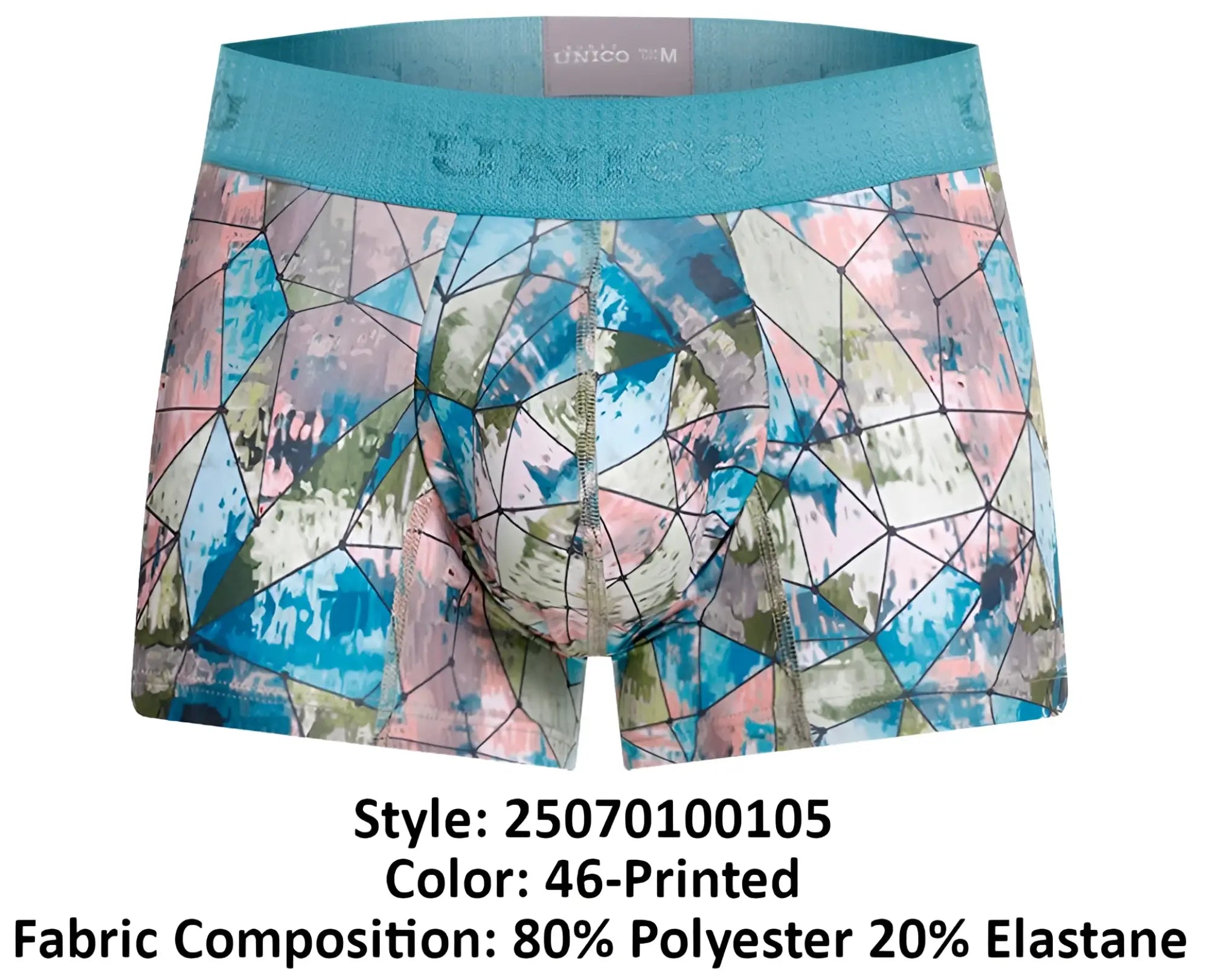 Men’s unico 25070100105 vitral trunks in vibrant blue pink and beige geometric print with stretchy teal waistband