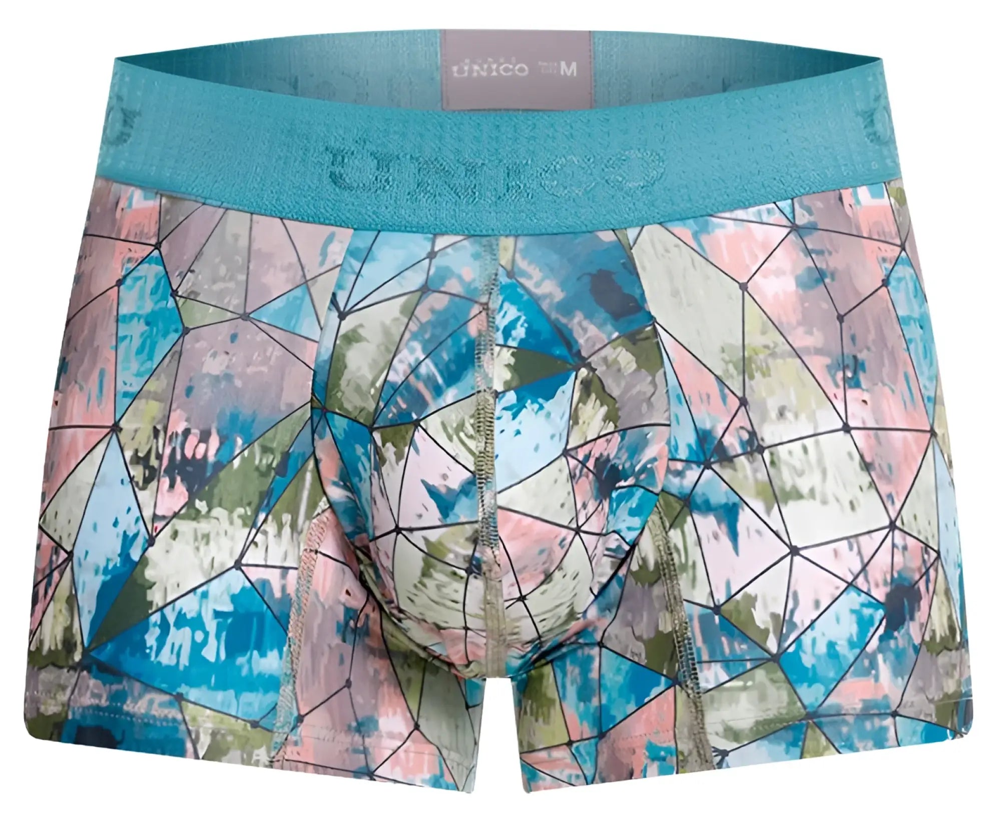 Teal and multicolored geometric pattern unico men’s boxer briefs with textured waistband in vitral trunks color 46-printed