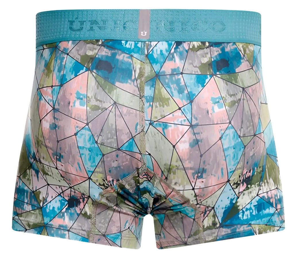 Teal multicolored geometric patterned men’s boxer briefs with textured waistband unico 25070100105 vitral trunks color 46-printed