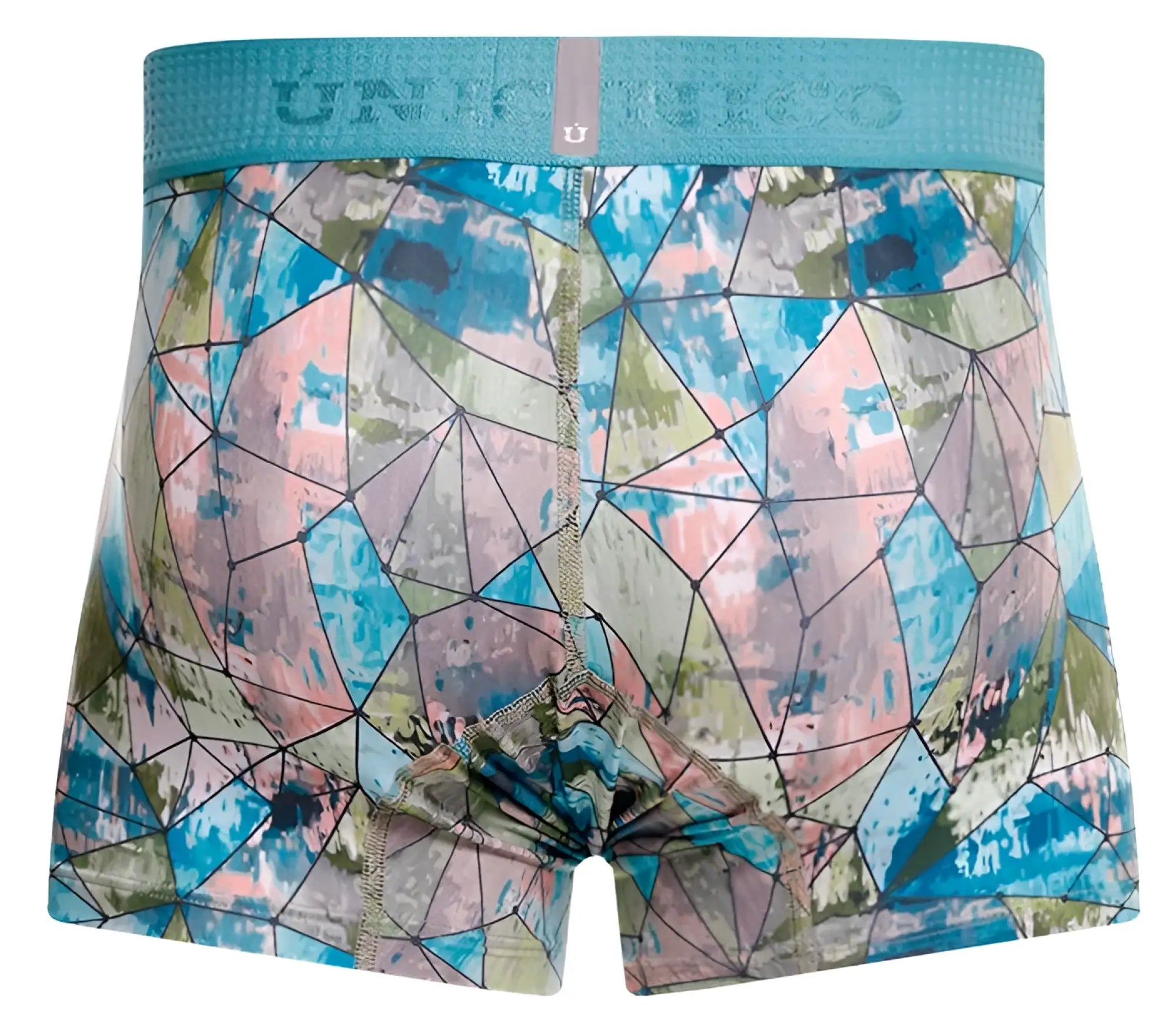 Teal multicolored geometric patterned men’s boxer briefs with textured waistband unico 25070100105 vitral trunks color 46-printed