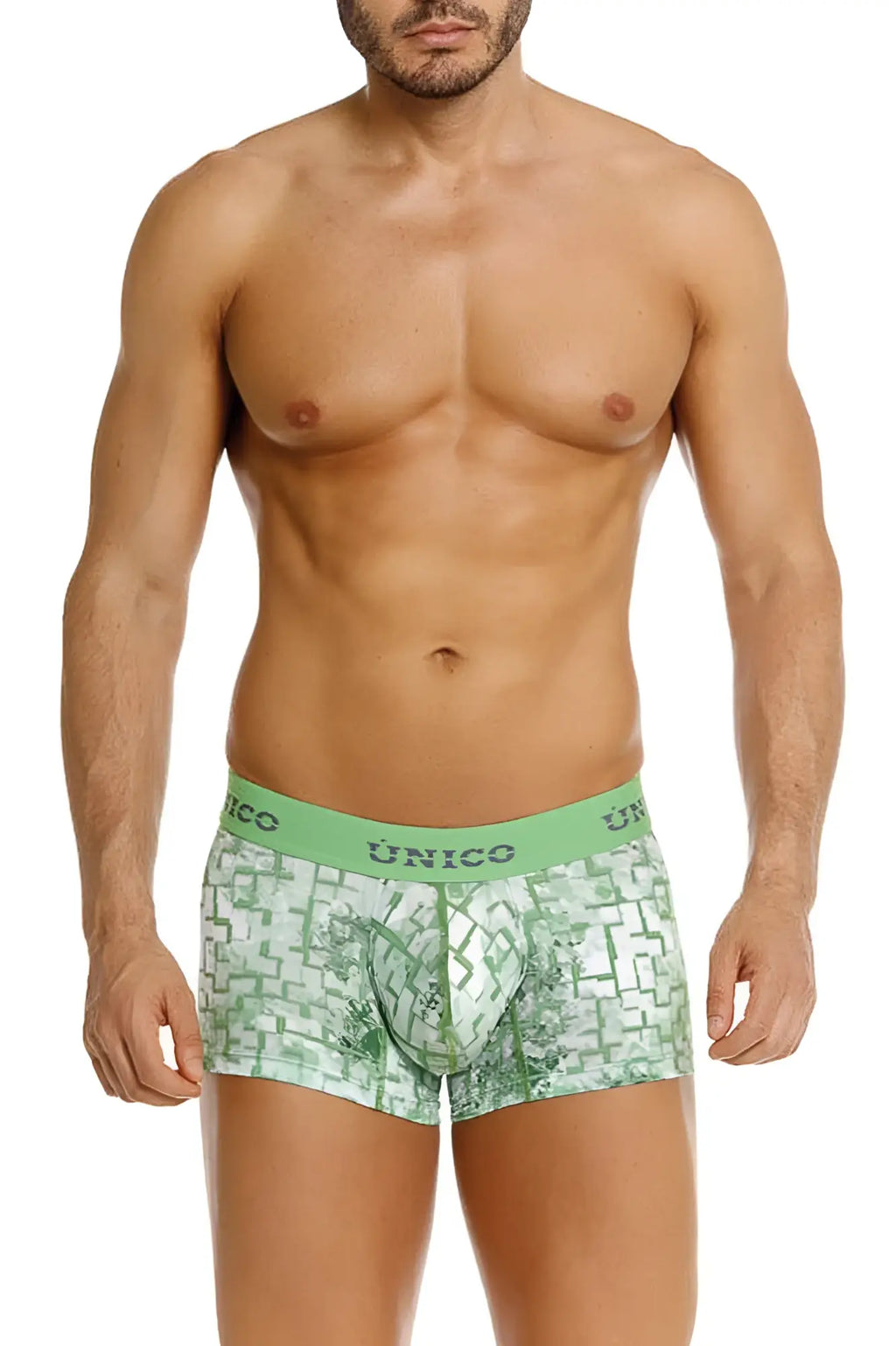 Green patterned men’s boxer briefs with geometric design and unico waistband in color 43 green