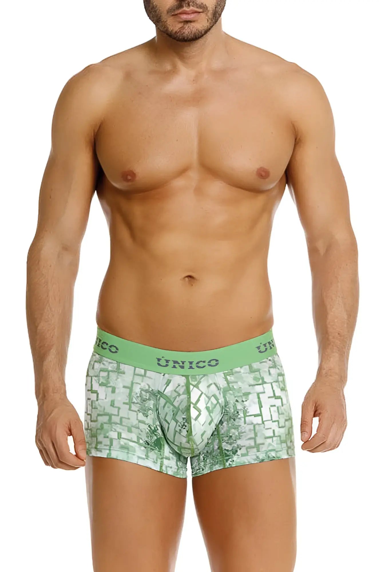 Green patterned men’s boxer briefs with geometric design and unico waistband in color 43 green