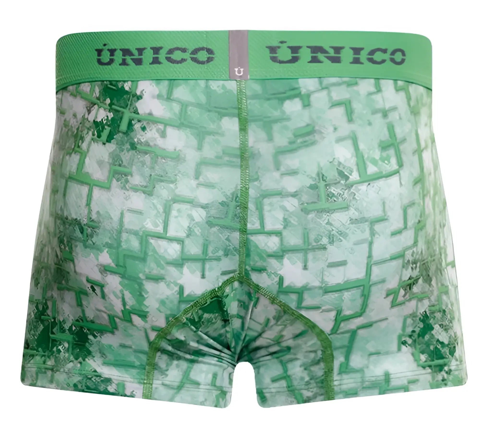 Green patterned men’s boxer briefs with maze design and único branded waistband in color 43 green