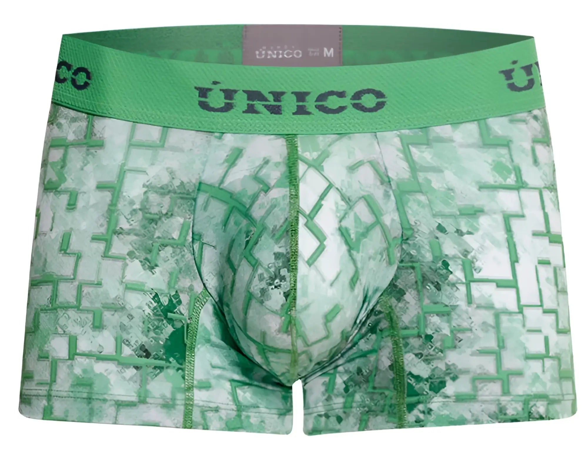 Green and white geometric patterned men’s boxer briefs with único branded waistband in color 43-green