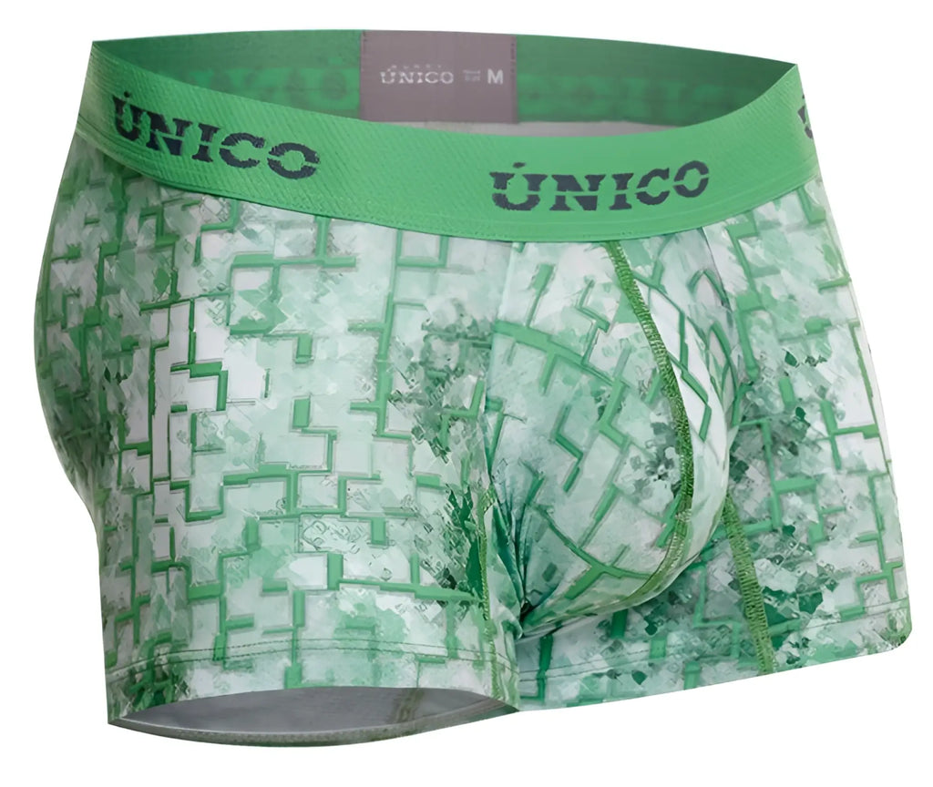 Green and white patterned unico 26020100102 piramide men’s boxer briefs with maze-like design