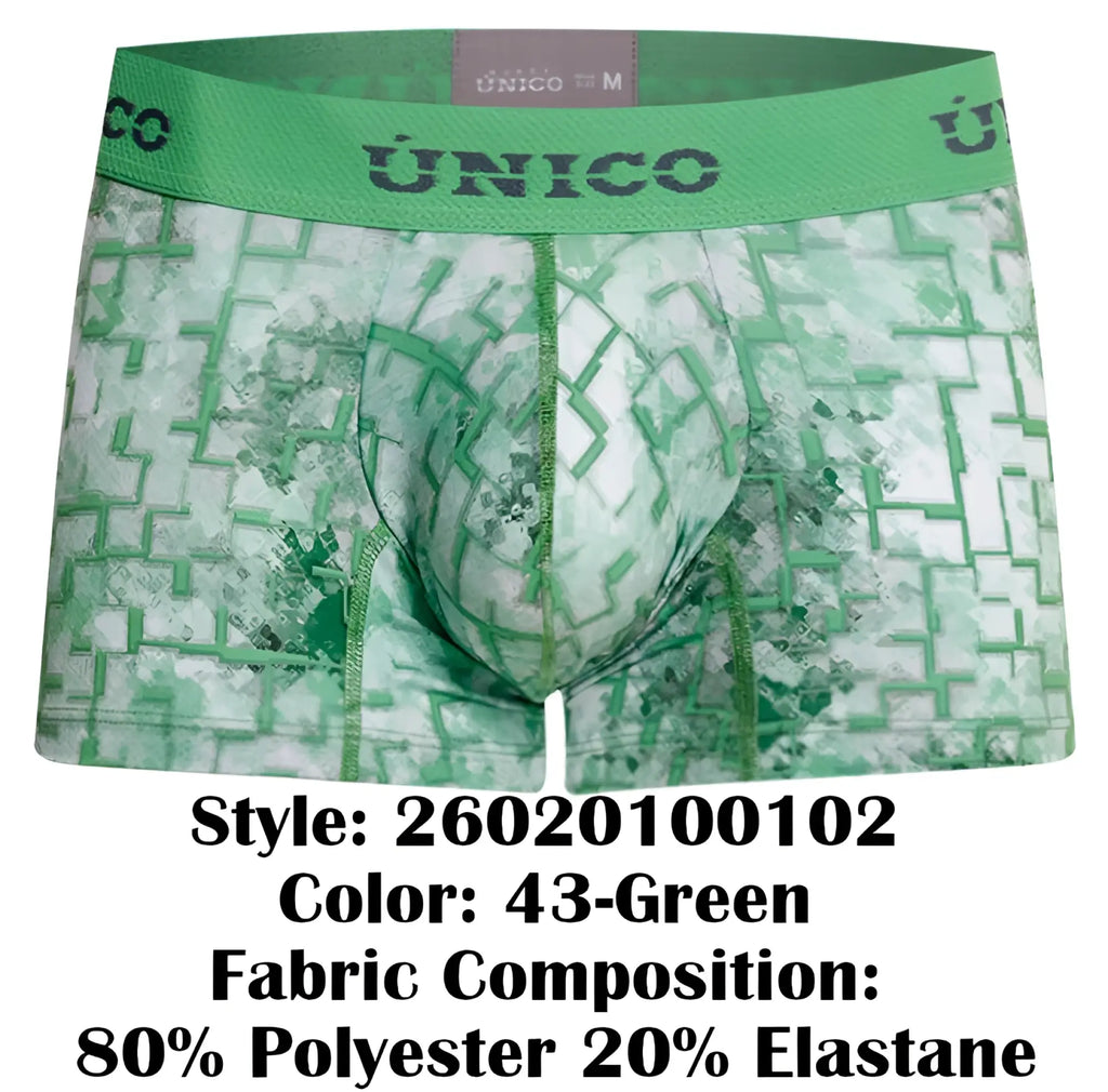 Unico 26020100102 piramide trunks green men’s boxer briefs with geometric pattern for comfortable everyday wear