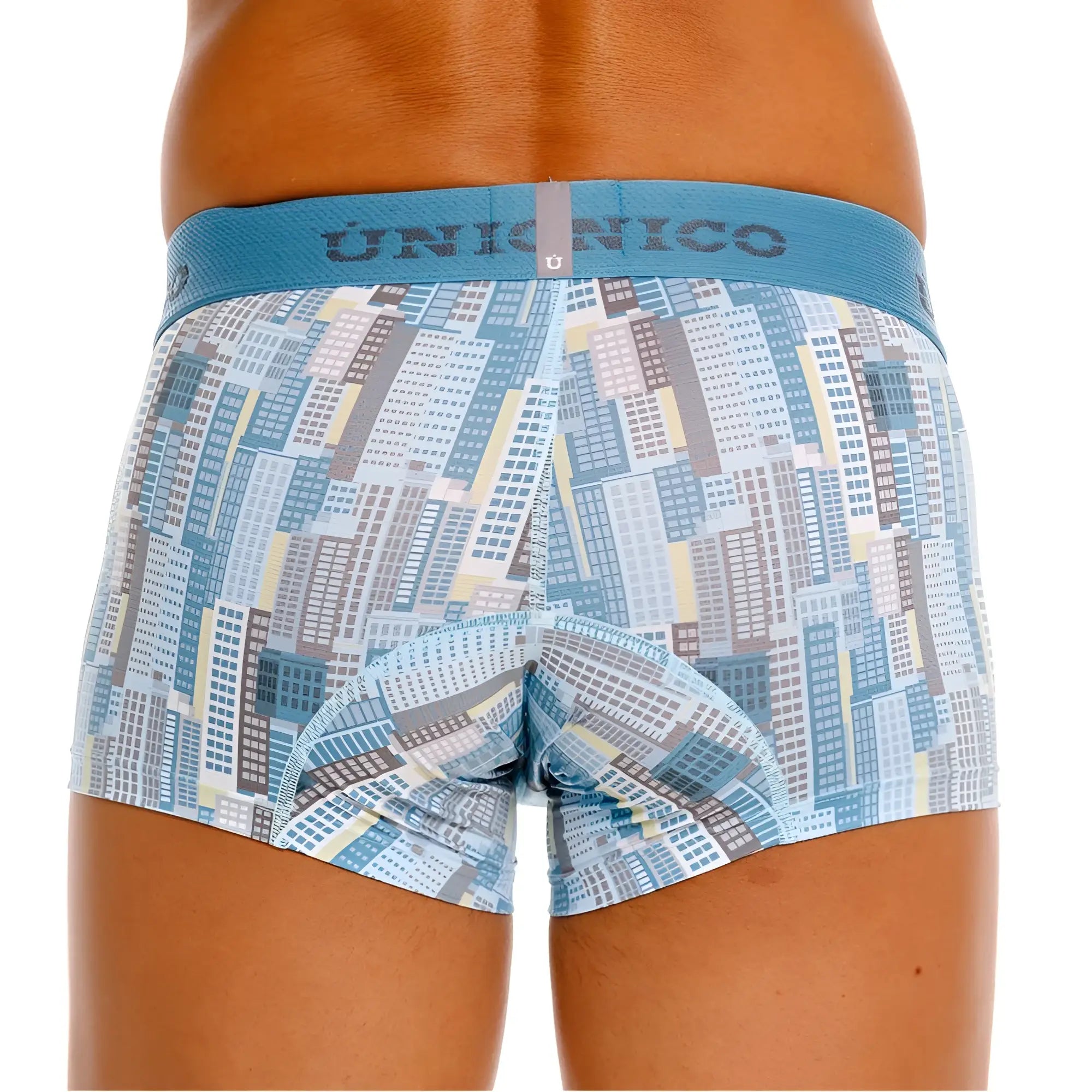 Unico 26020100103 ocarina trunks men’s blue and gray cityscape patterned boxer briefs with solid teal waistband