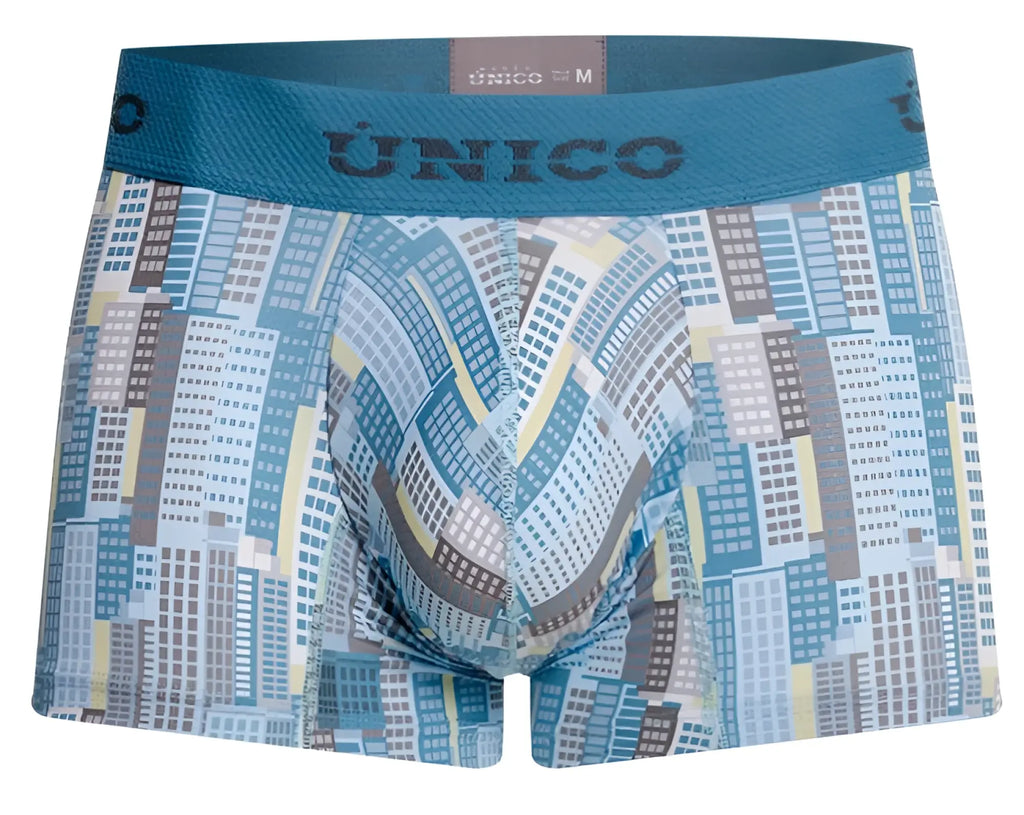 Blue and gray cityscape-patterned men’s boxer briefs by único designed for comfort and style in color 46-blue