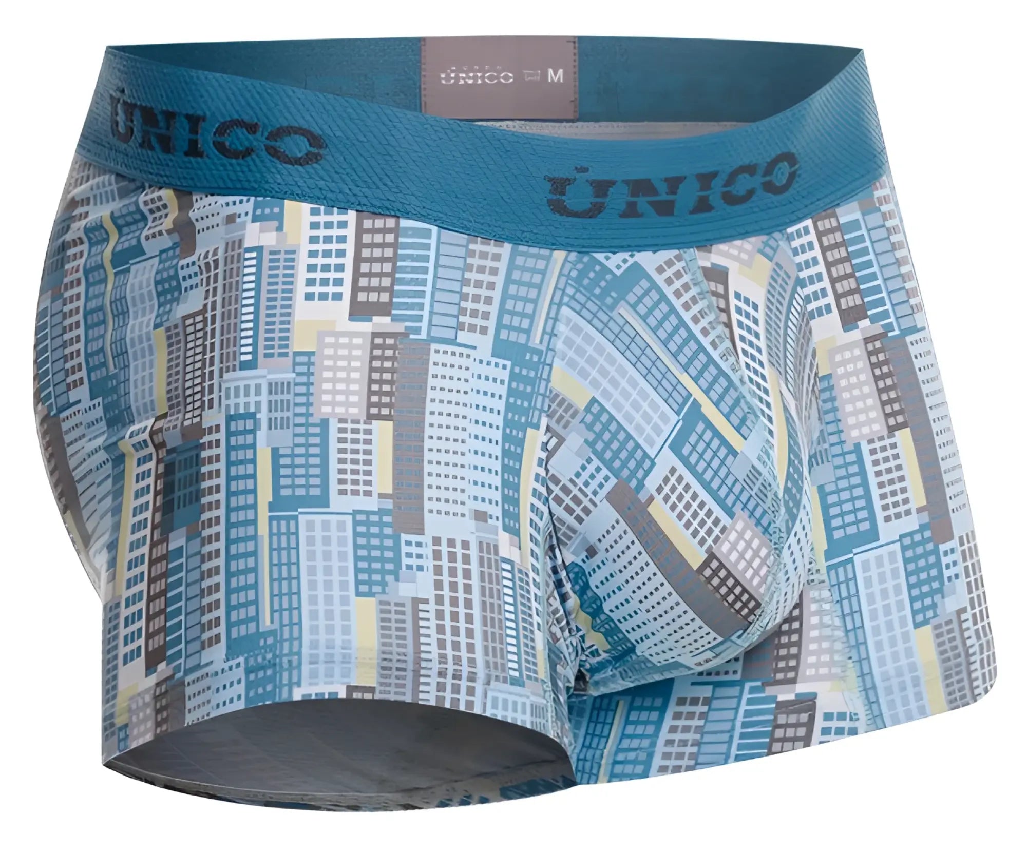 Unico 26020100103 ocarina trunks men’s boxer briefs with blue and gray cityscape pattern and teal waistband