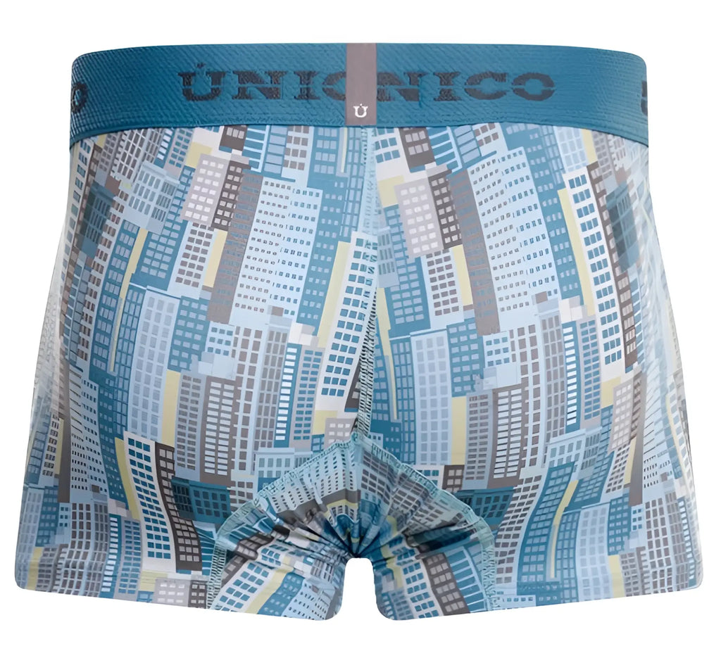 Blue and gray cityscape-patterned union nico boxer briefs with teal waistband in unico ocarina trunks color 46-blue