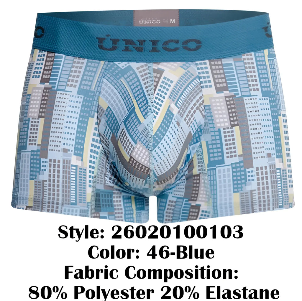 Blue patterned Unico 26020100103 Ocarina trunks featuring a stylized cityscape design in shades of blue gray and beige