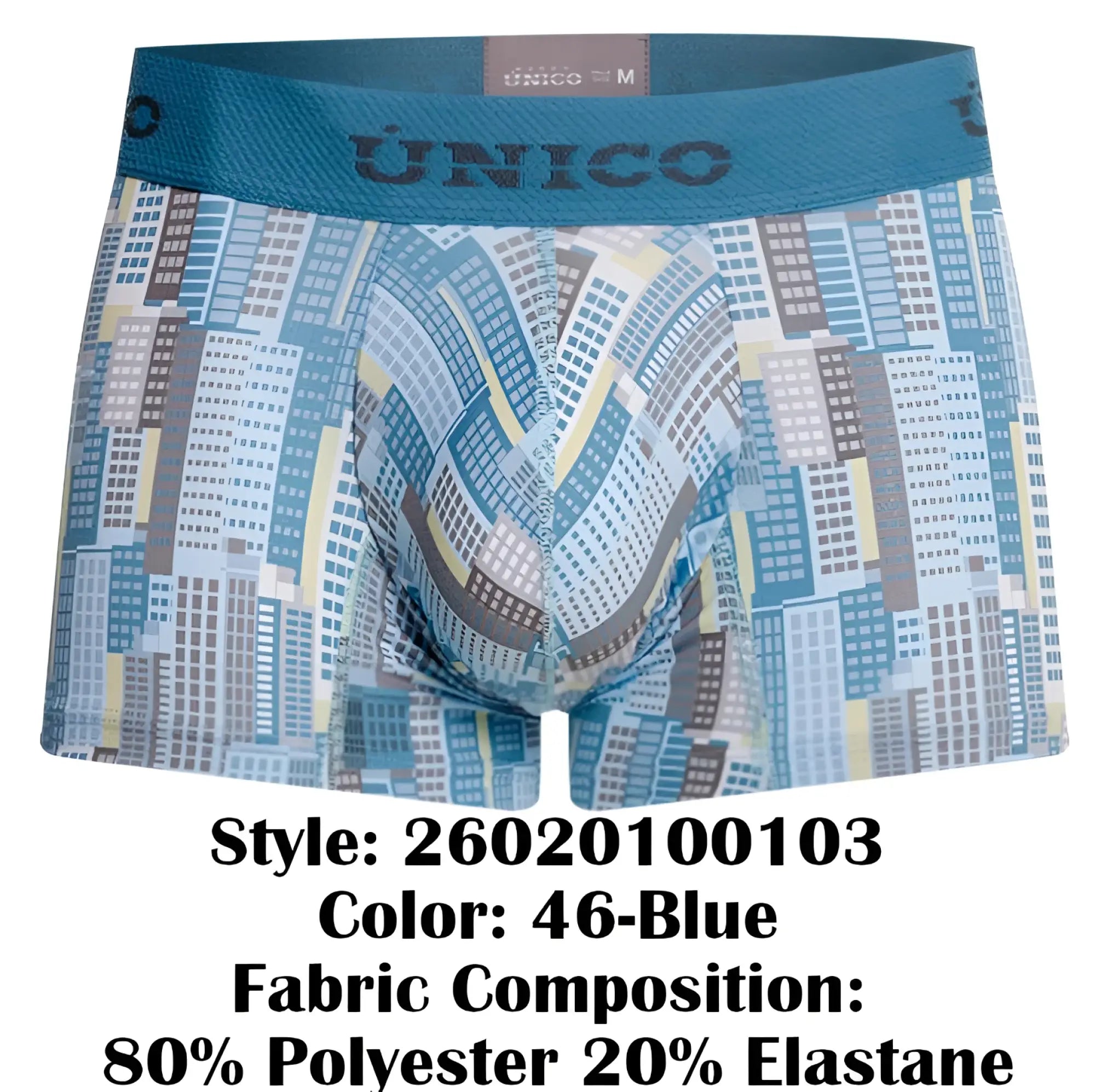 Blue patterned Unico 26020100103 Ocarina trunks featuring a stylized cityscape design in shades of blue gray and beige