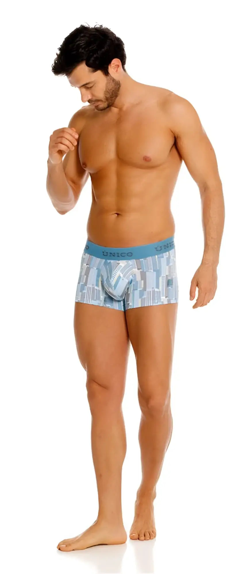Blue and white geometric patterned men’s briefs with light blue unico waistband from unico 26020100103 ocarina trunks