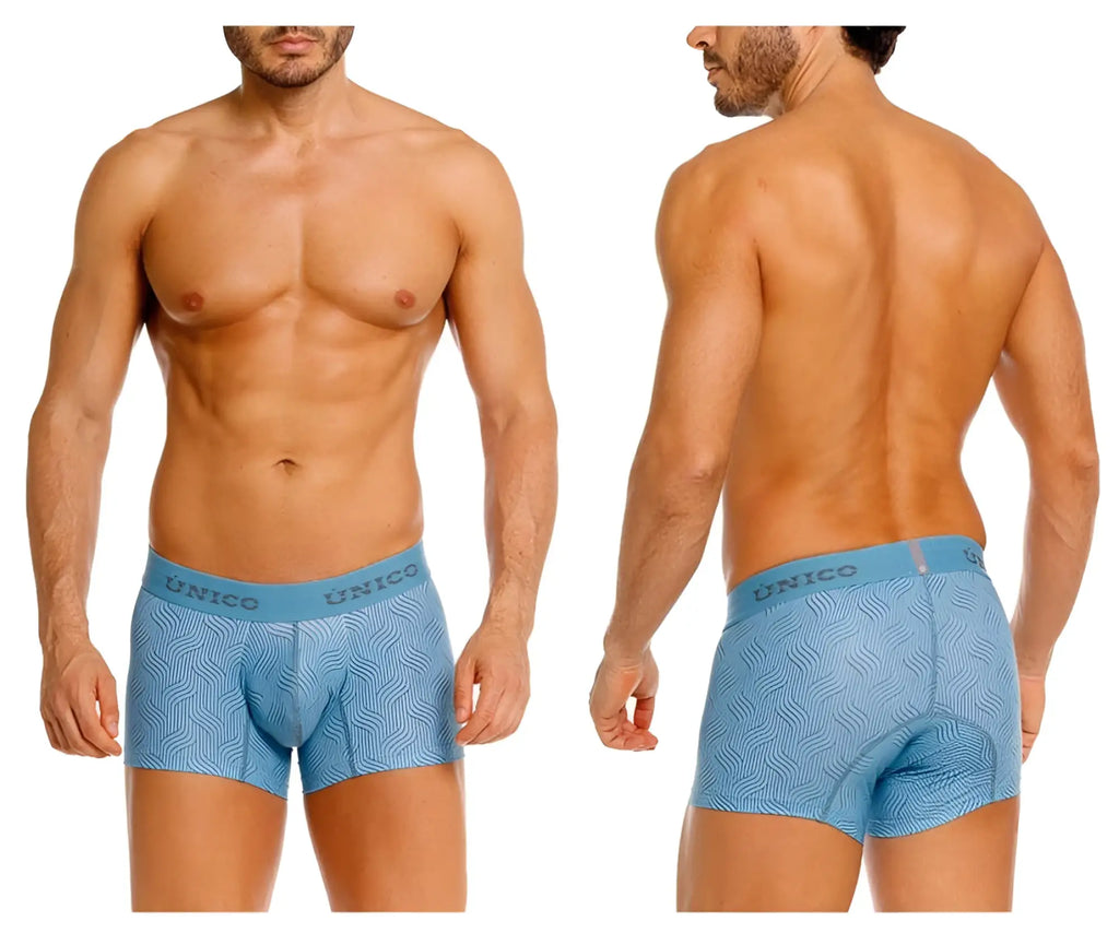Light blue unico 26020100111 lenoso men’s boxer briefs with wavy pattern and padded rear section shown from back