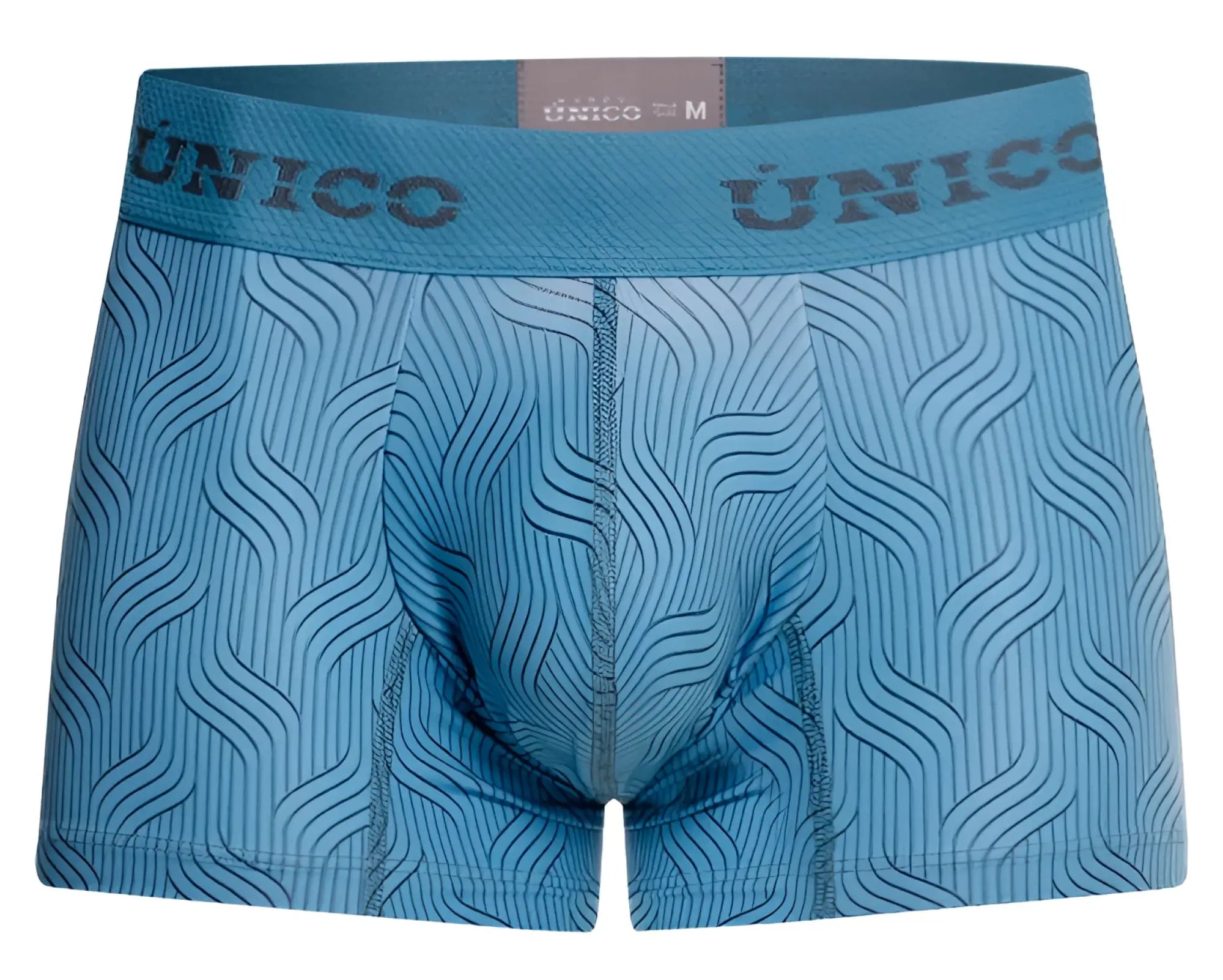 Light blue unico 26020100111 Lenoso trunks with subtle wave pattern and branded matching waistband for men