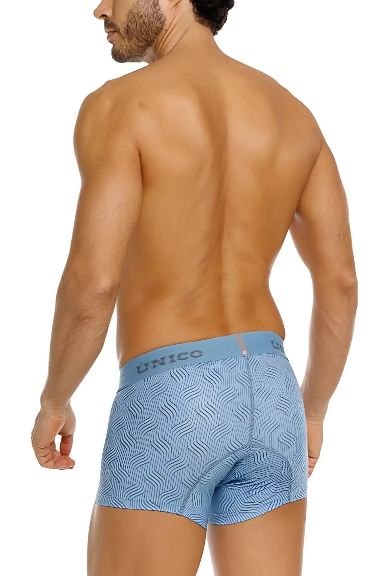 Light blue unico 26020100111 lenoso trunks with subtle wavy pattern and padded rear section shown from the back