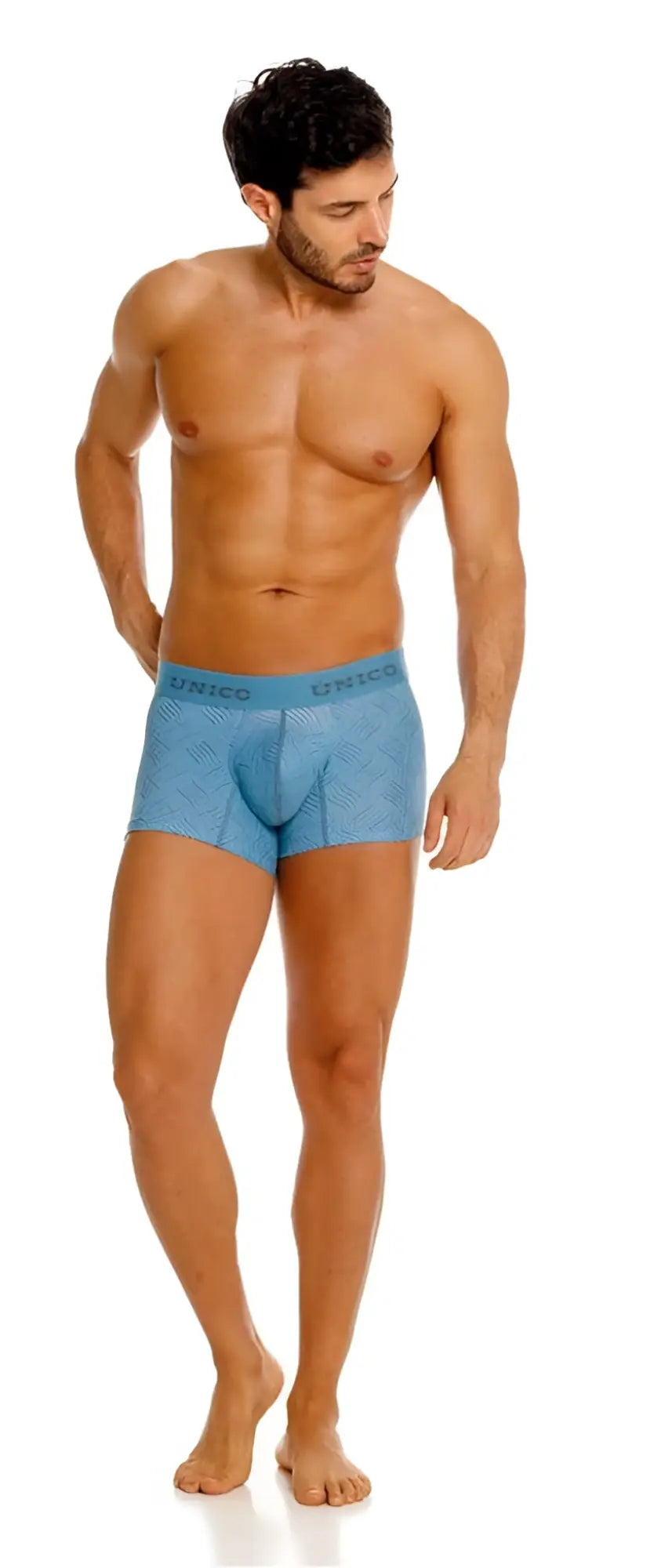 Light blue patterned men’s boxer briefs with subtle geometric design and unico brand name on waistband