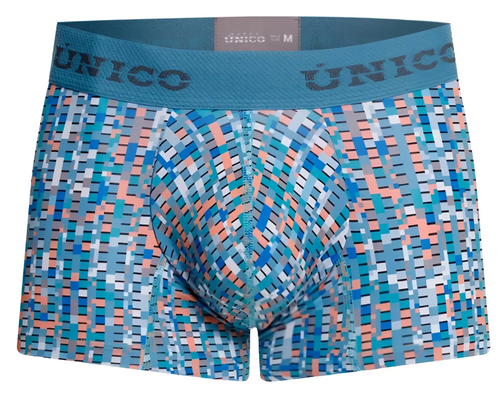Unico 26020100112 Lignina trunks men’s boxer briefs in blue and coral pixelated pattern with teal elastic waistband