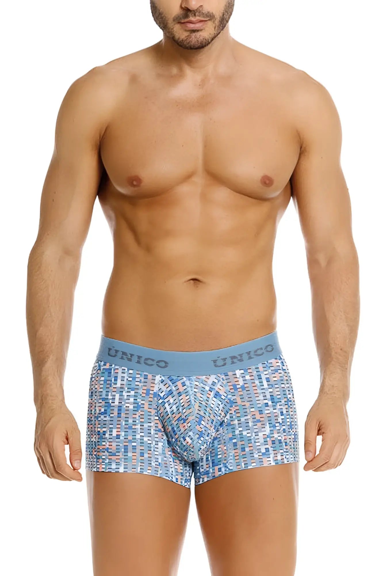 Blue patterned men’s boxer briefs with light blue unico waistband lignina trunks color 46-blue