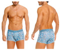 Blue patterned men’s boxer briefs with light blue unico waistband from unico lignina trunks color 46 blue