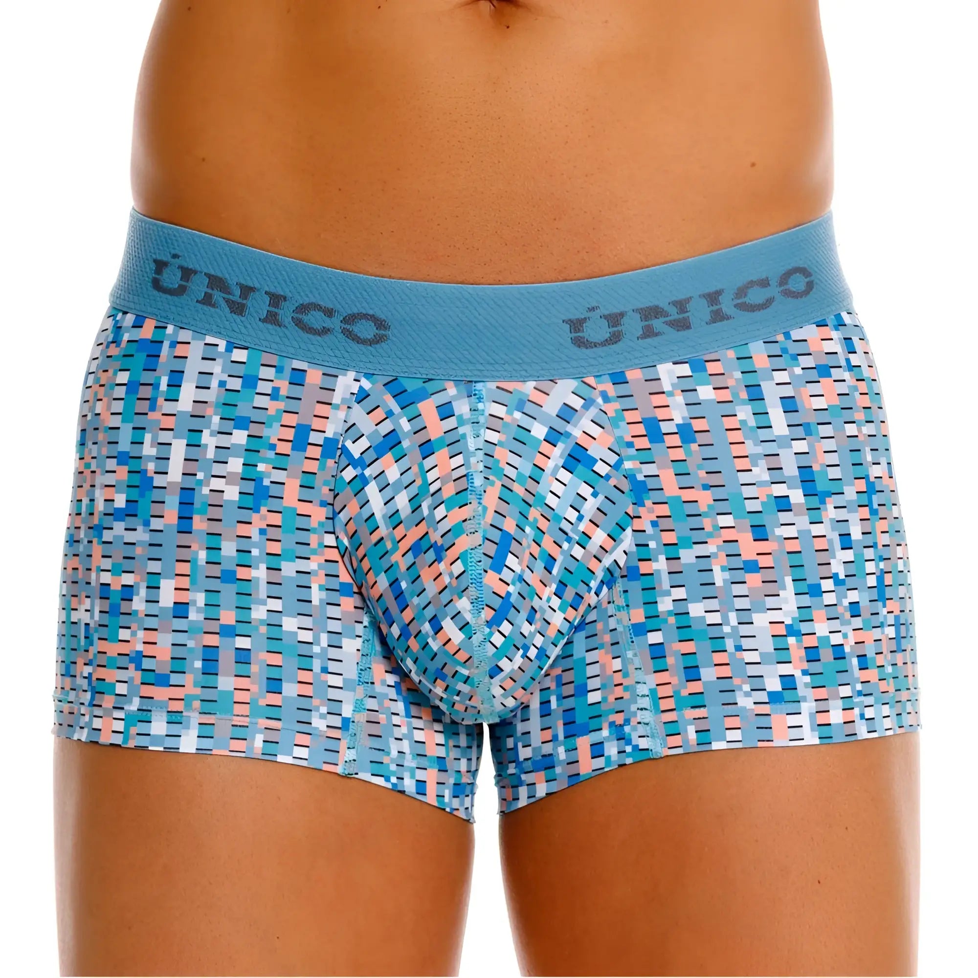 Unico 26020100112 Lignina trunks blue and peach geometric-patterned men’s boxer briefs with matching elastic waistband