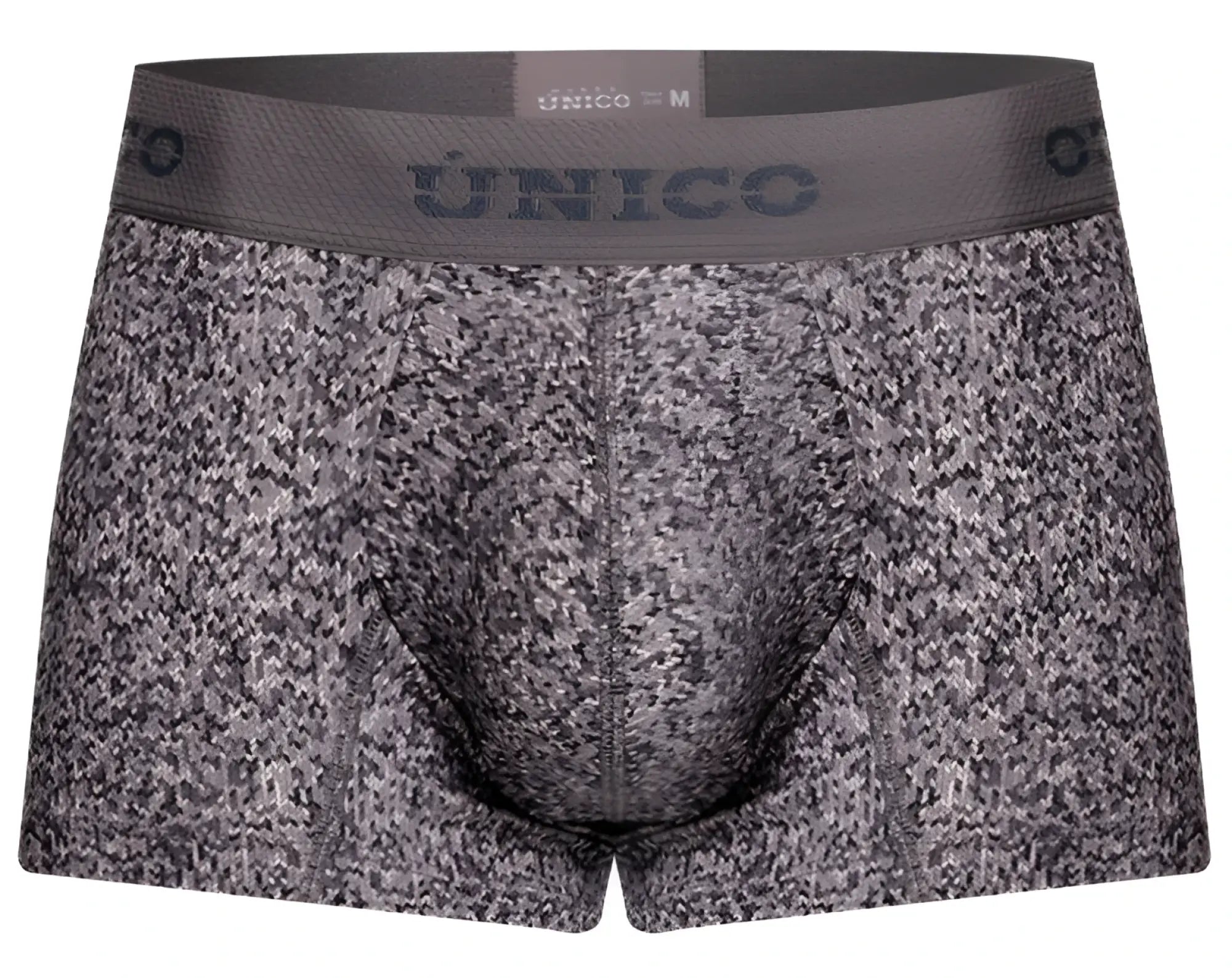 Unico 26020100114 suede trunks men’s boxer briefs in gray with black speckled pattern and branded elastic waistband