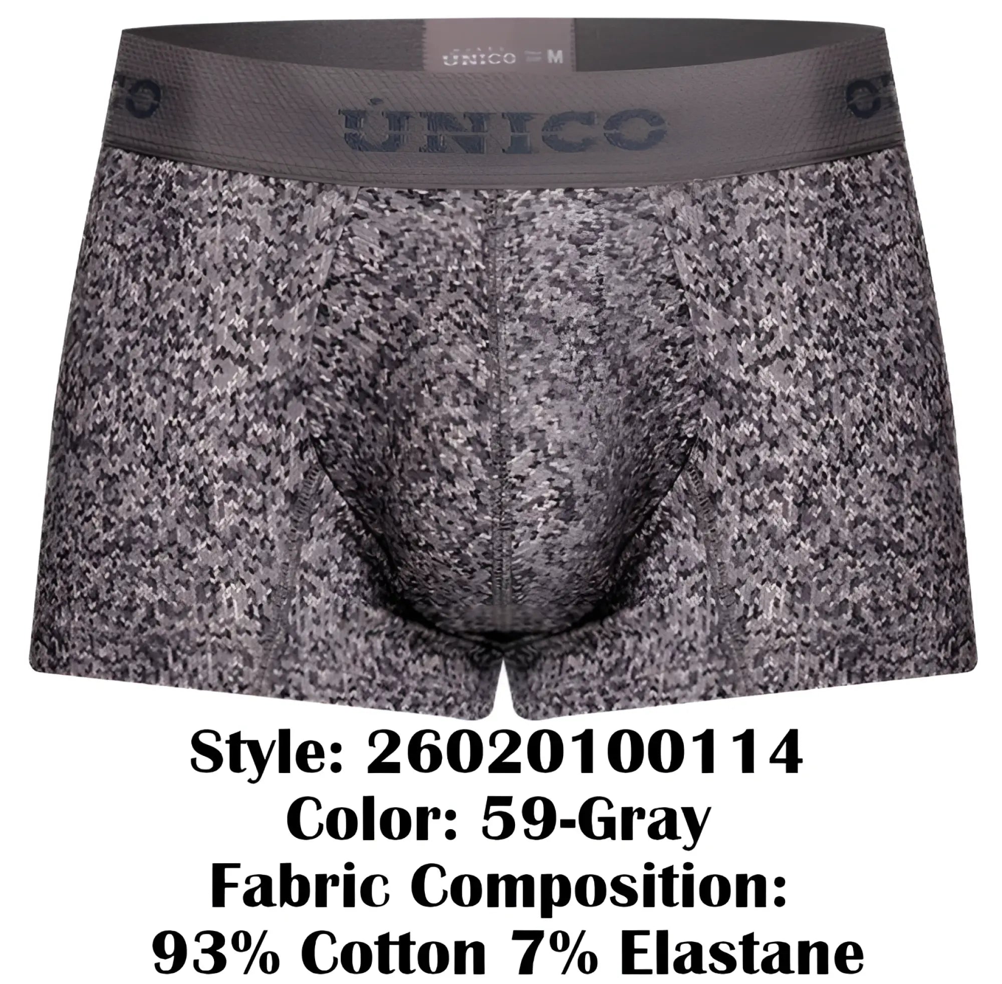 Gray patterned Unico 26020100114 suede trunks with speckled design and elastic waistband featuring Unico logo