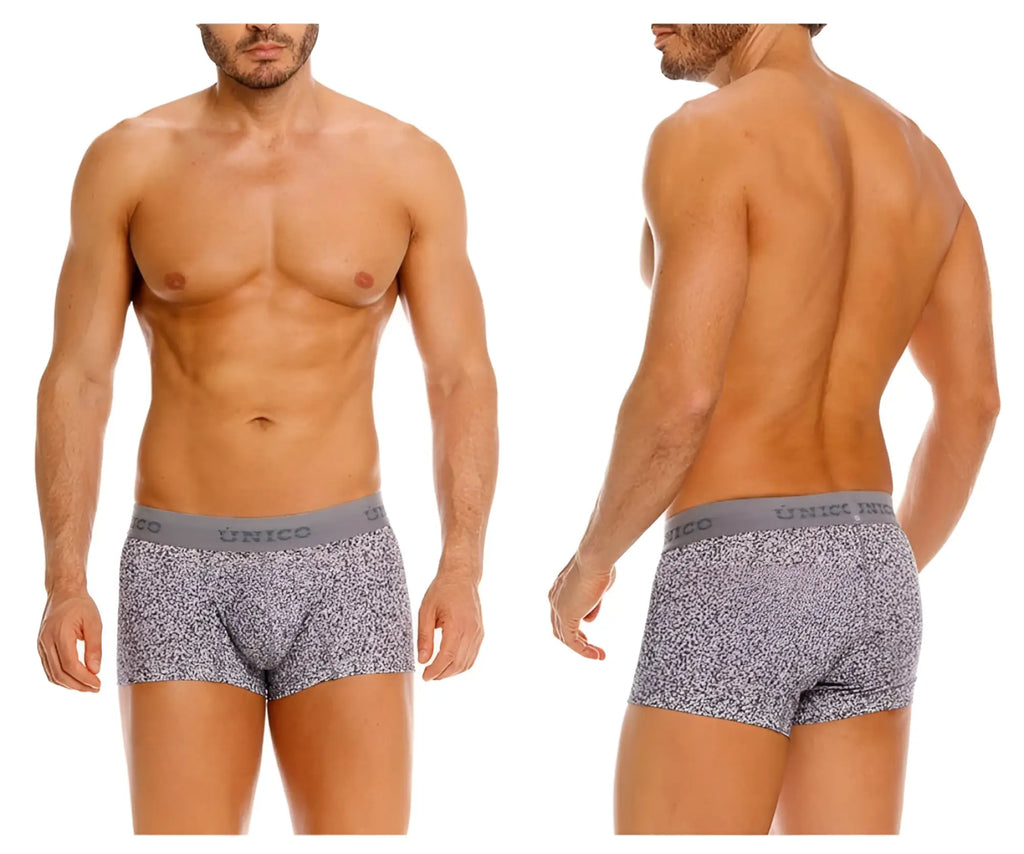 Gray suede trunks with a subtle speckled pattern and solid gray waistband featuring unico brand name color 59-gray