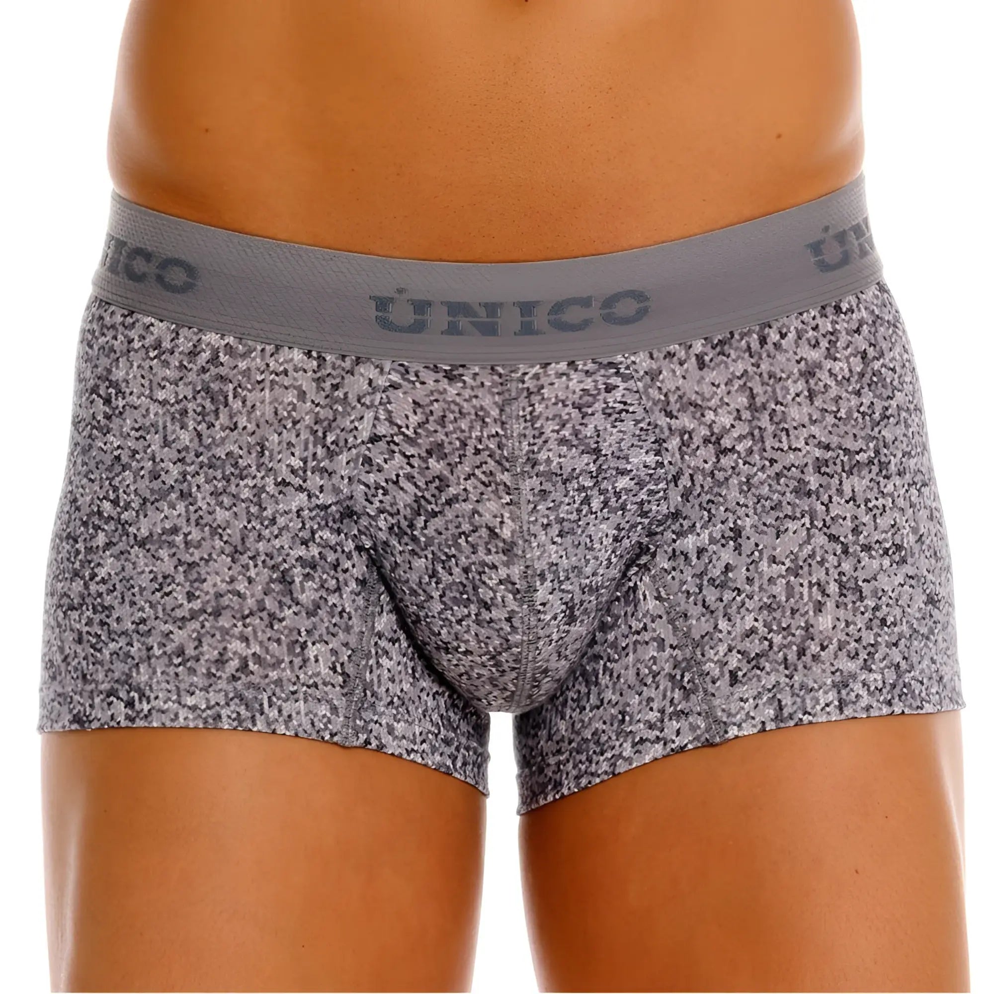 Gray speckled men’s suede trunks with unico branded elastic waistband color 59 gray model 26020100114