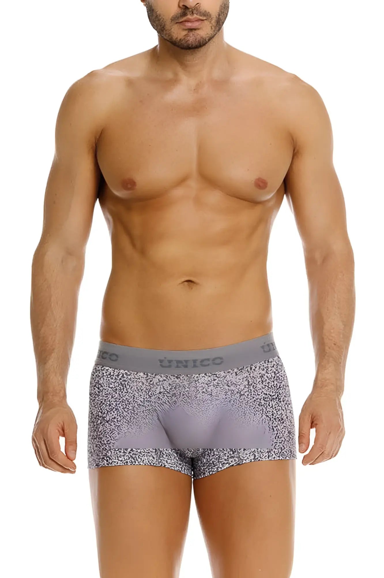 Unico 26020100114 suede trunks gray briefs with gray waistband and uniko branding in gray and white speckled pattern