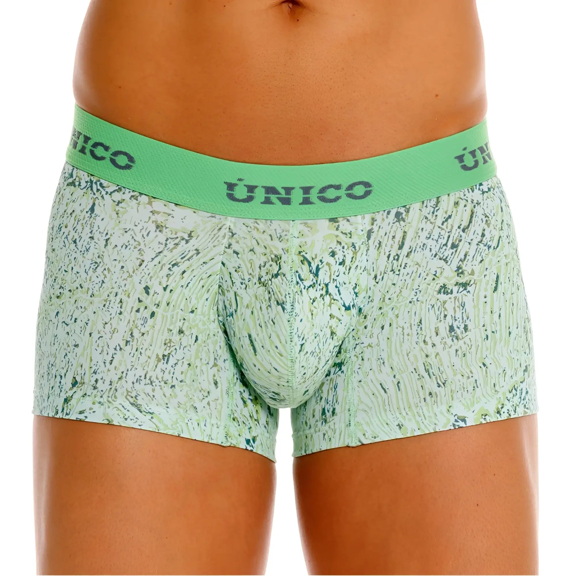 Unico light green and white patterned men’s boxer briefs with matching elastic waistband for comfortable wear