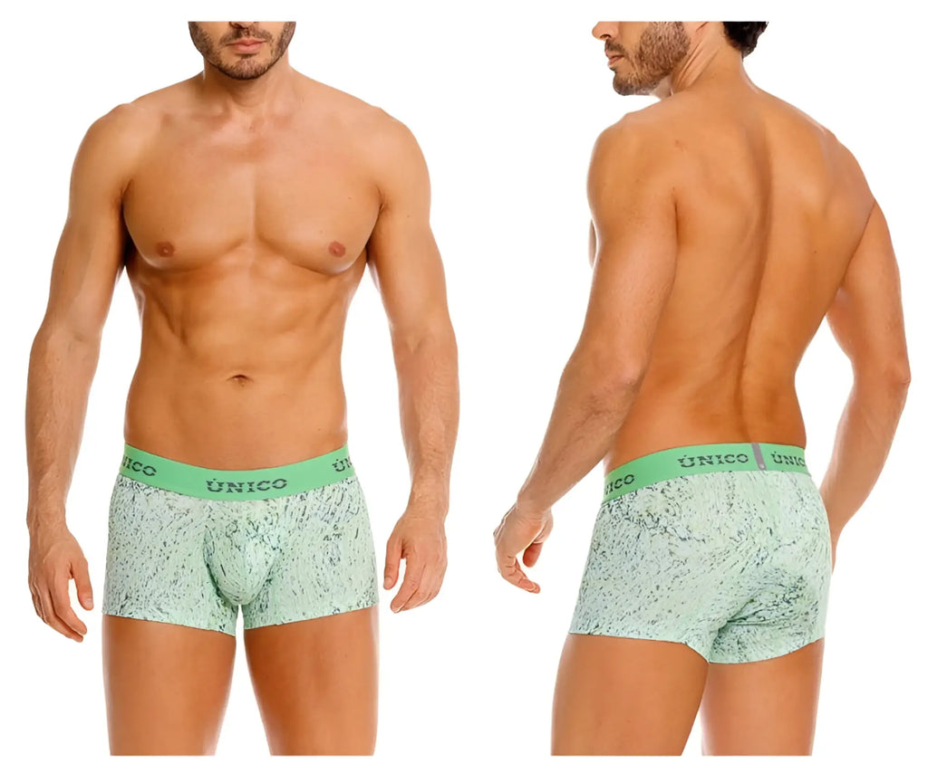 Mint green patterned Unico 26020100115 Hunos trunks with solid waistband featuring unico brand name