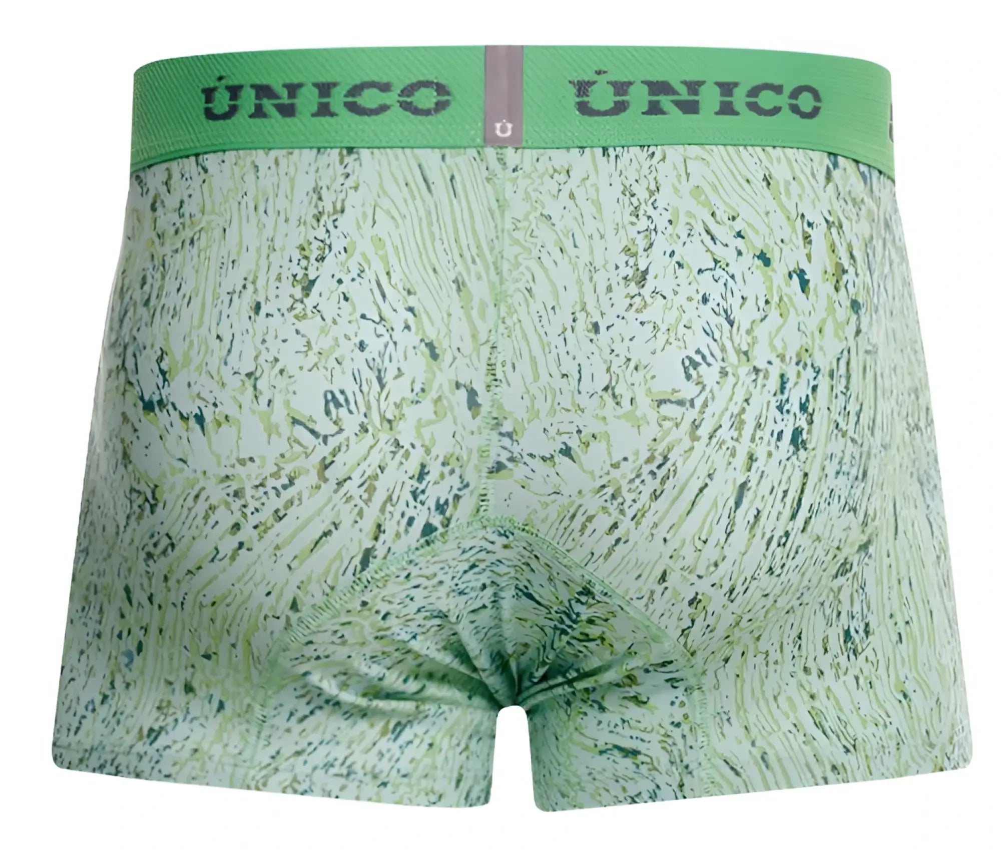 Green patterned unico trunks with matching elastic waistband featuring the unico brand name color 43 green