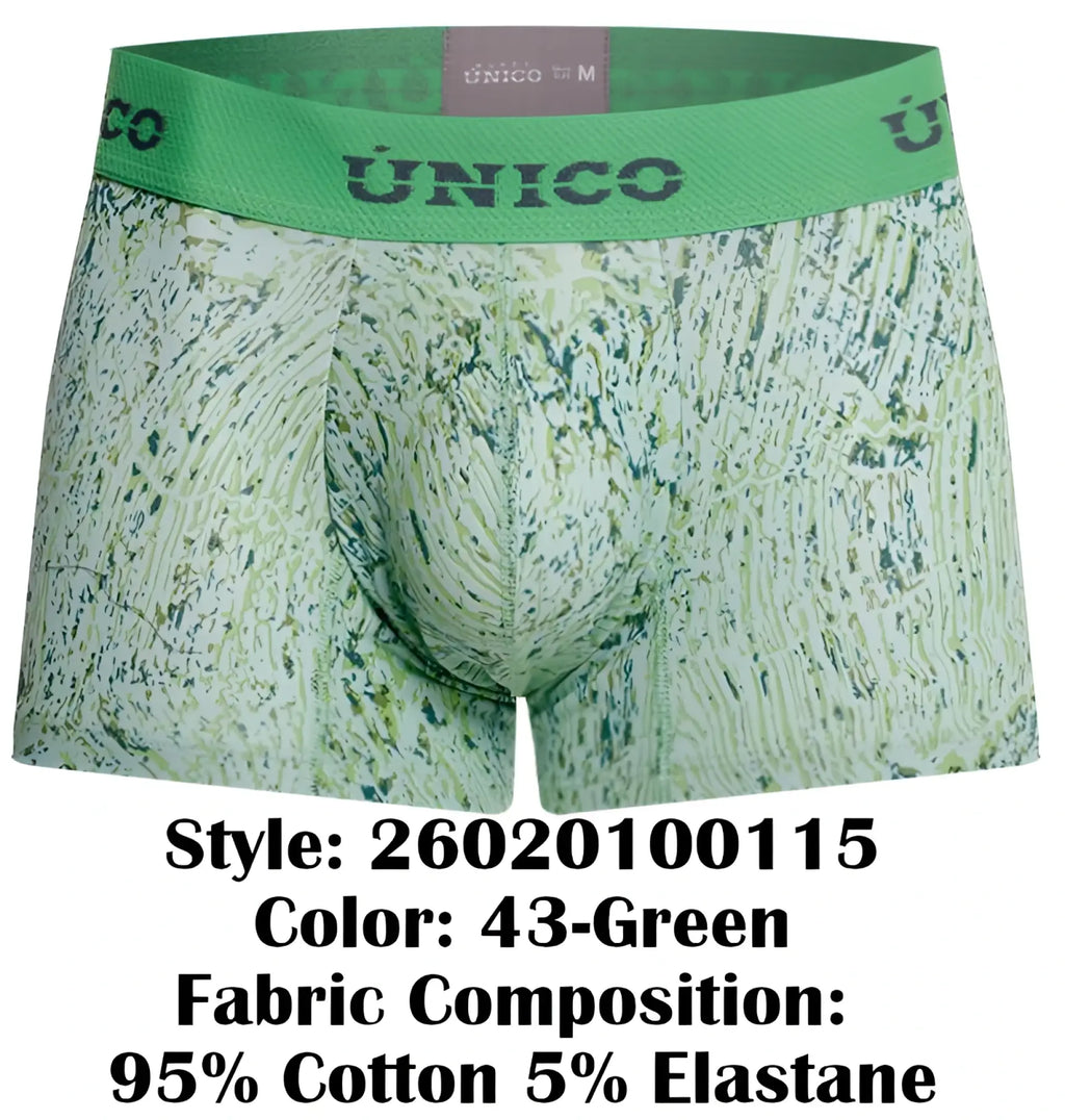 Green patterned Unico 26020100115 Hunos trunks with solid green waistband featuring the Unico brand name