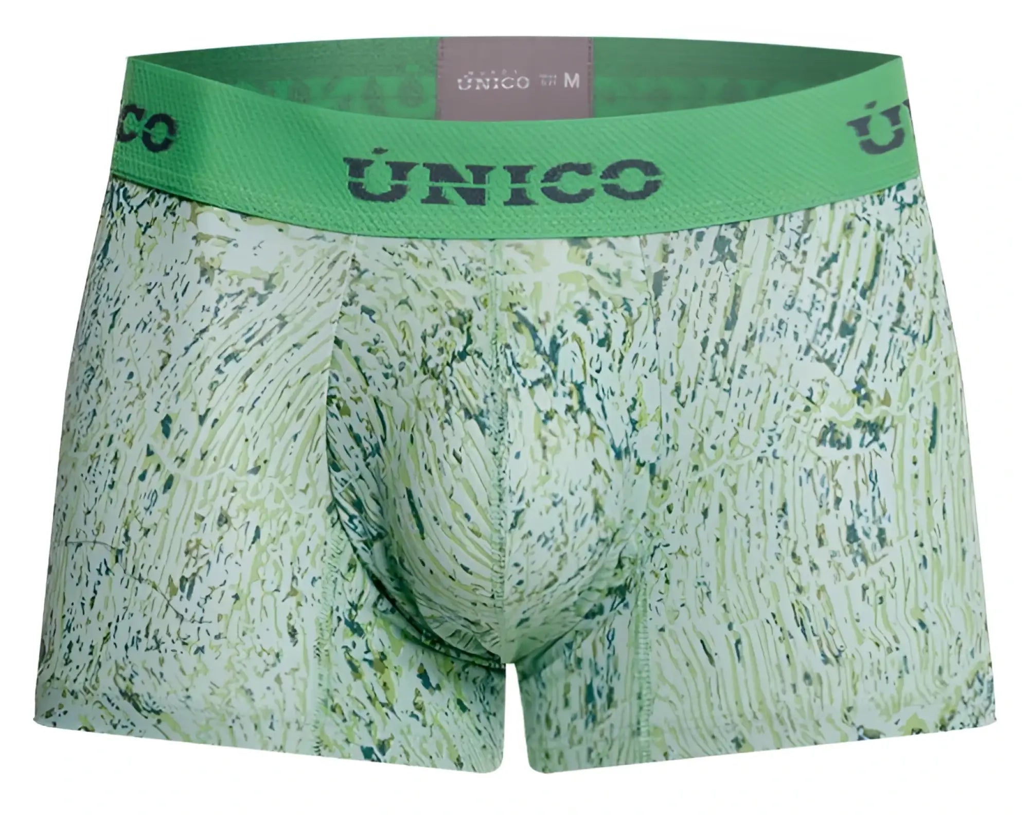 Green patterned boxer briefs with textured abstract design and único brand waistband from unico 26020100115 hunos trunks