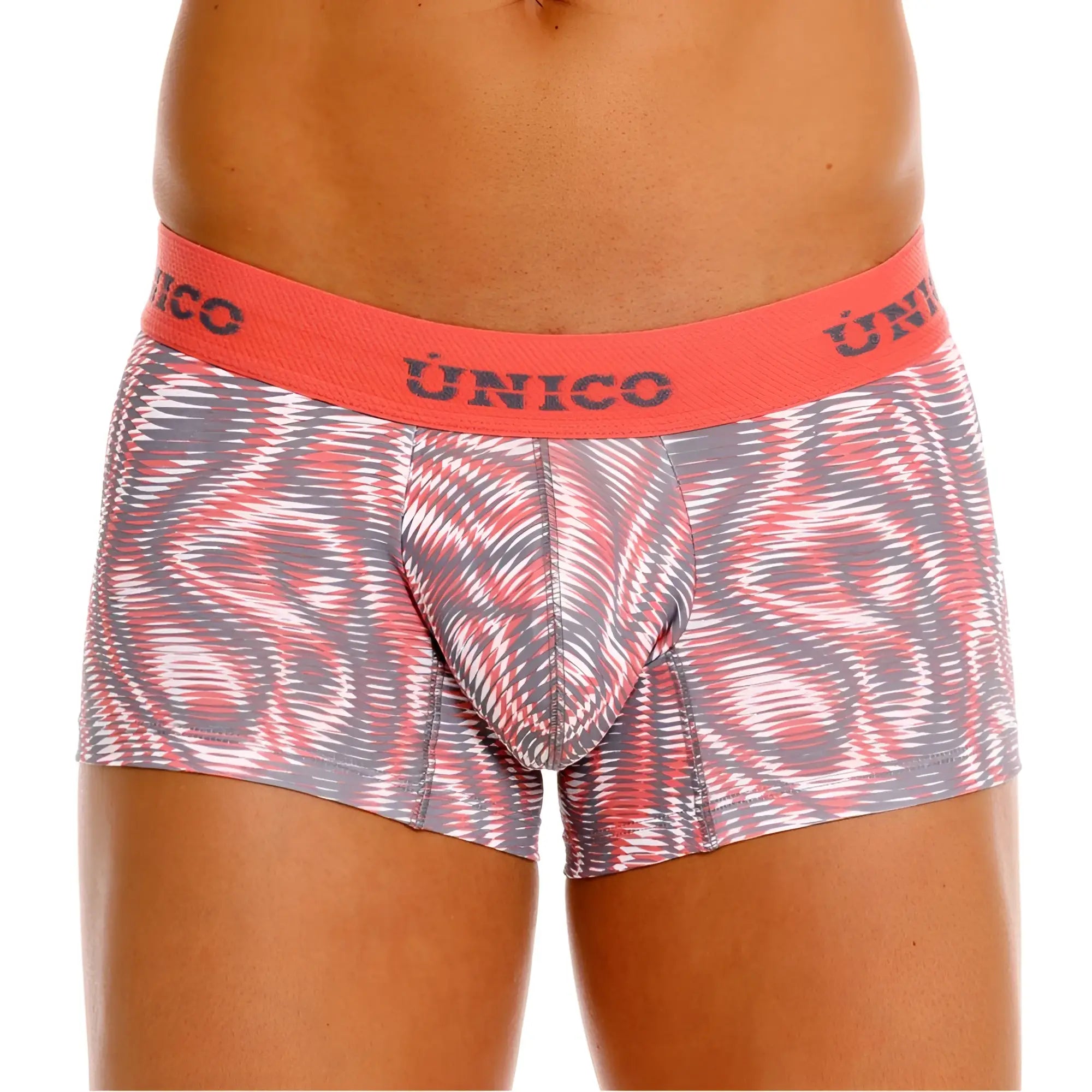 Unico 26020100116 acanalado trunks men’s boxer briefs with pink and gray abstract pattern and coral waistband