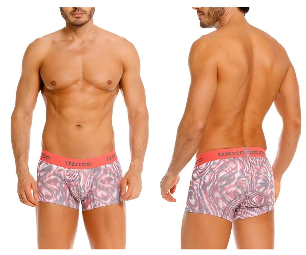 Men’s unico 26020100116 acanalado trunks in pink and gray patterned fabric with a red waistband boxer briefs
