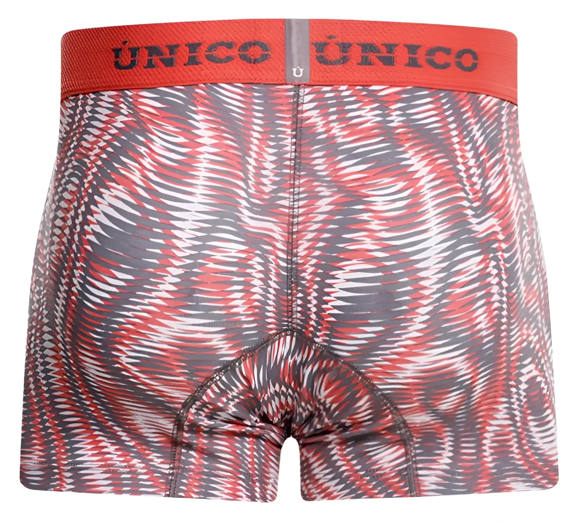 Unico 26020100116 acanalado trunks in red and gray with bold swirling pattern for comfortable everyday wear