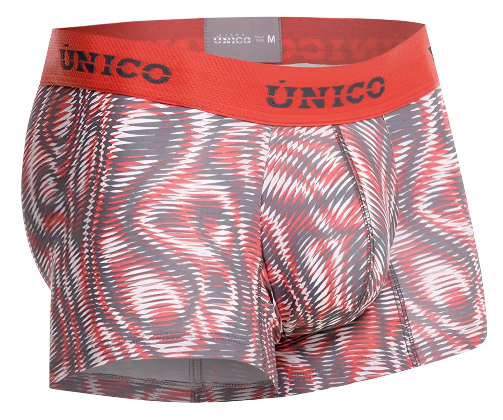 Red and gray patterned unico men’s acanalado trunks with bold abstract design in color 22 pink fabric