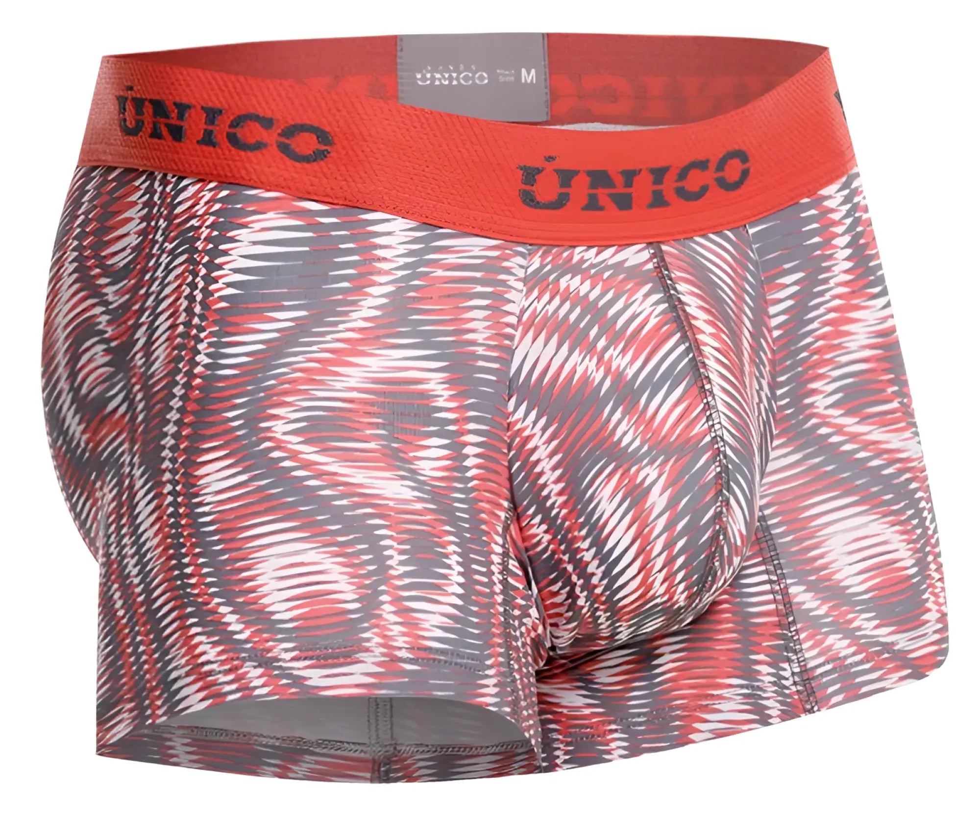 Red and gray patterned unico men’s acanalado trunks with bold abstract design in color 22 pink fabric