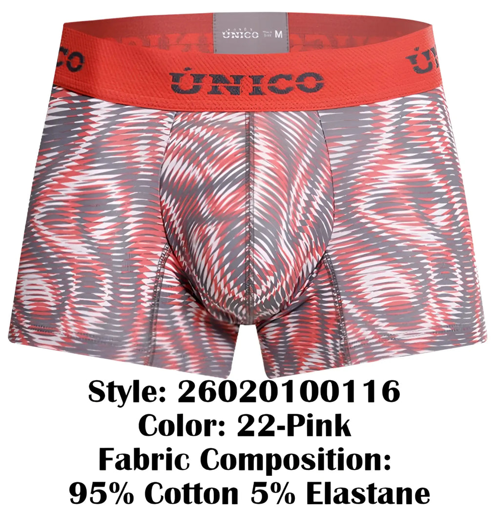 Unico 26020100116 acanalado trunks pink men’s boxer briefs with red and gray bold abstract wave pattern