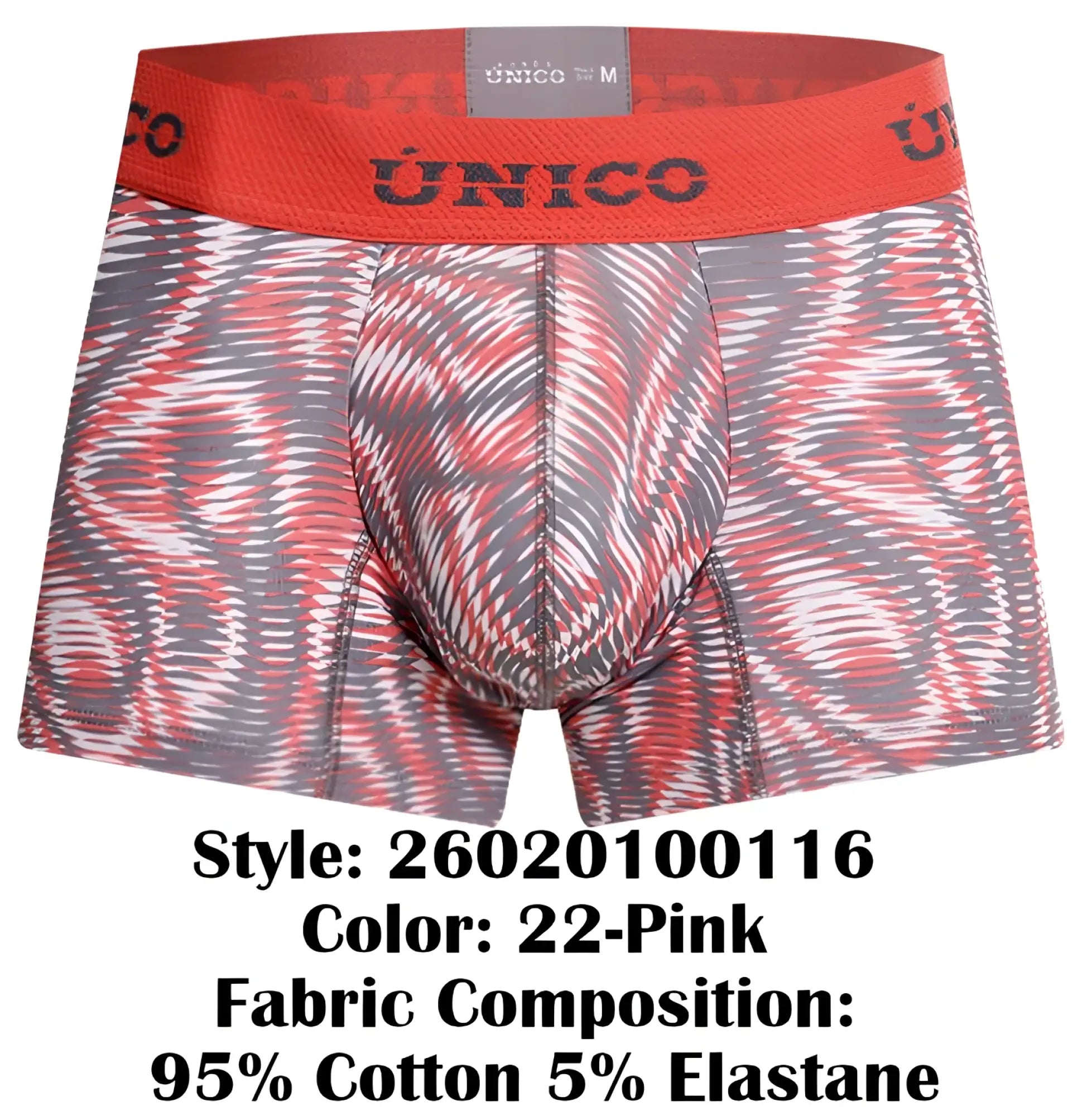 Unico 26020100116 acanalado trunks pink men’s boxer briefs with red and gray bold abstract wave pattern
