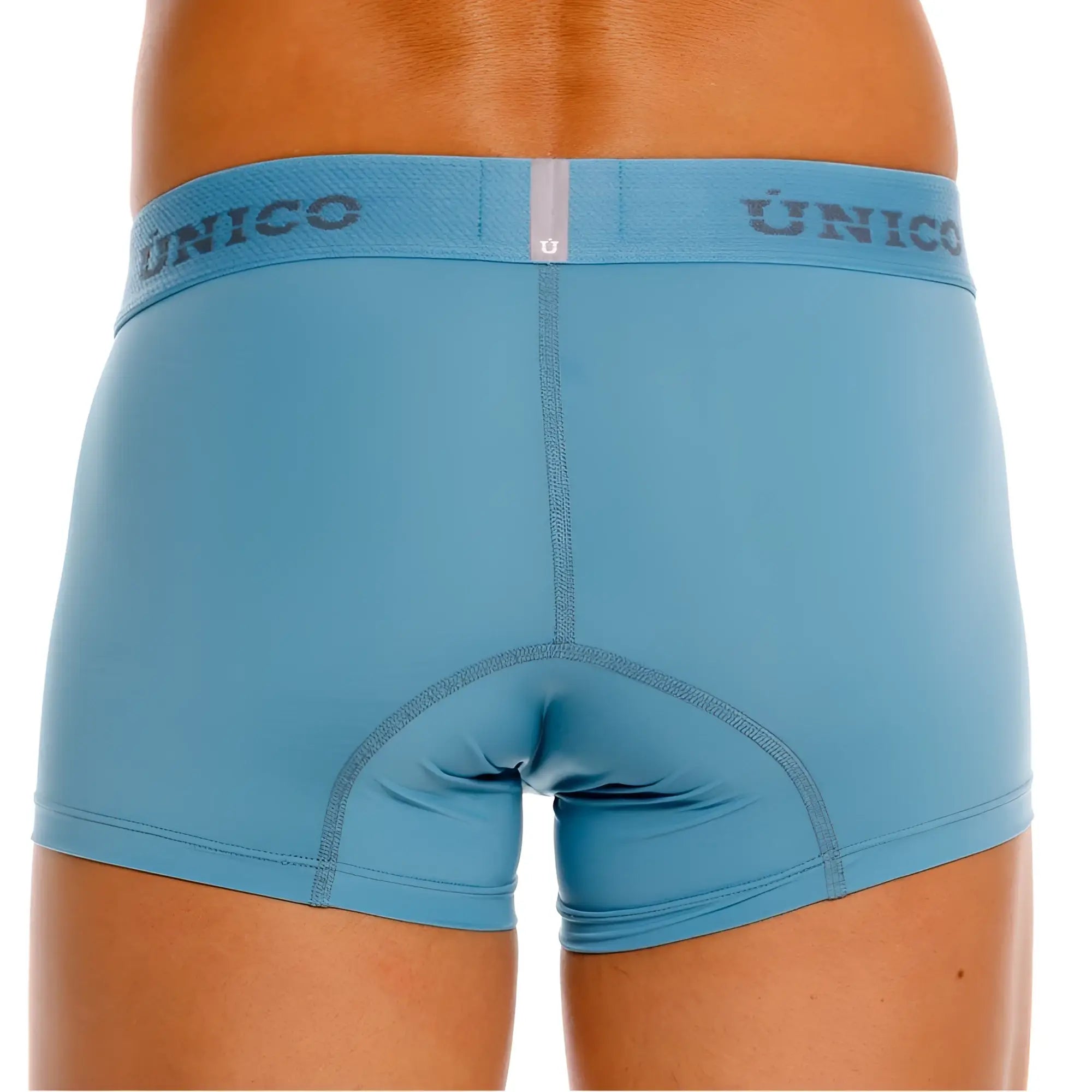 Light blue unico ventisca trunks with matching elastic waistband featuring brand name in dark gray lettering