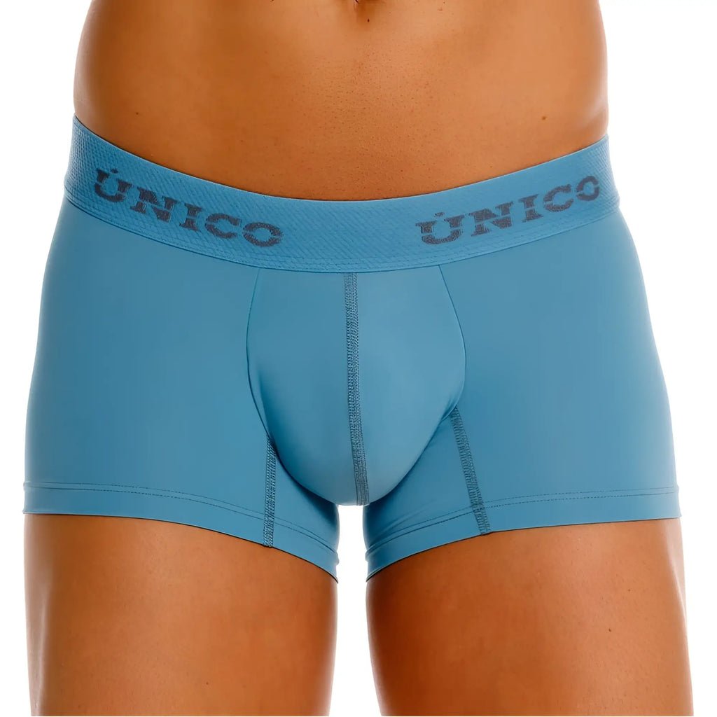 Light blue unico 26020100118 ventisca trunks briefs with textured waistband and gray brand name lettering