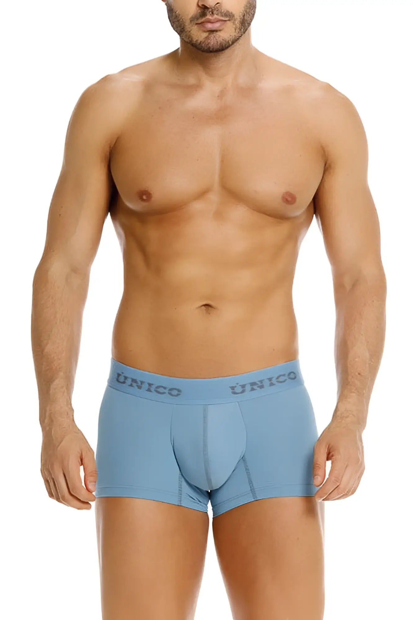 Light blue unico 26020100118 ventisca trunks for men with elastic waistband and contoured pouch design