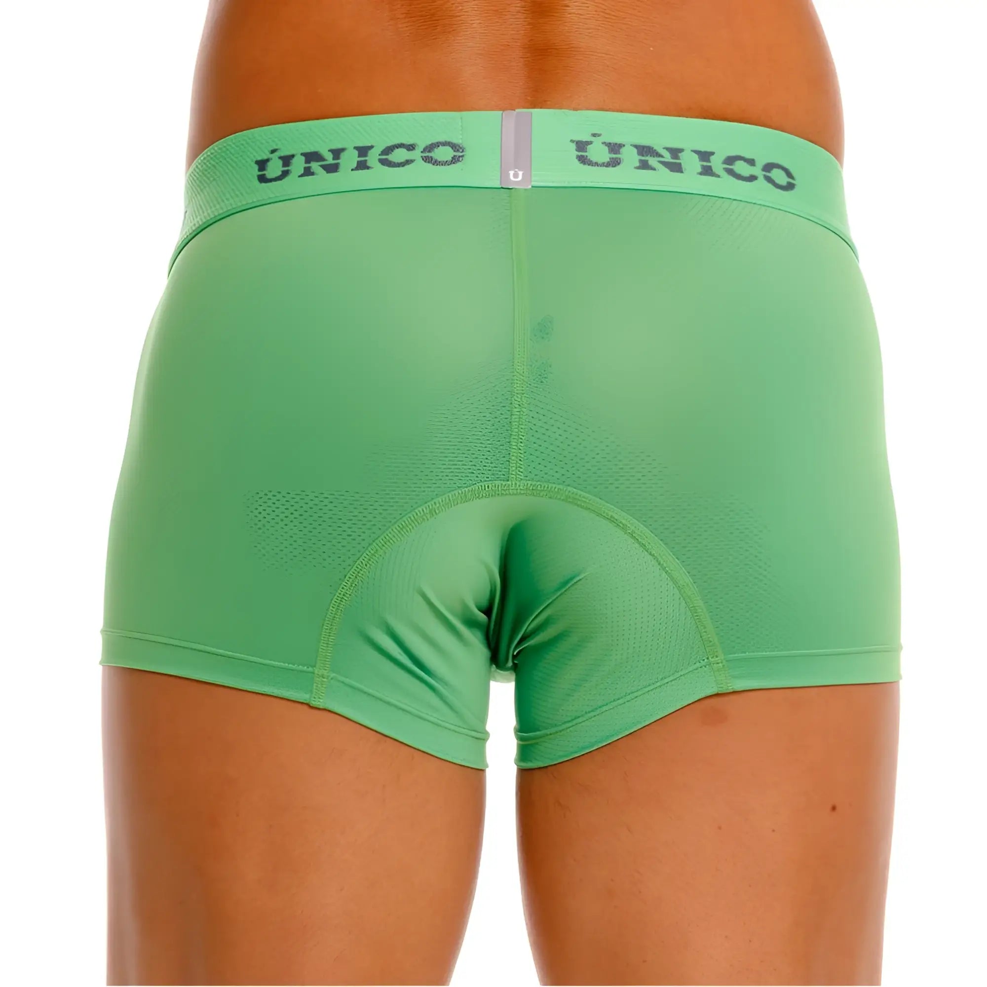 Green unico men’s cycling briefs with padded seat and textured fabric in color 43-green shown from the back side