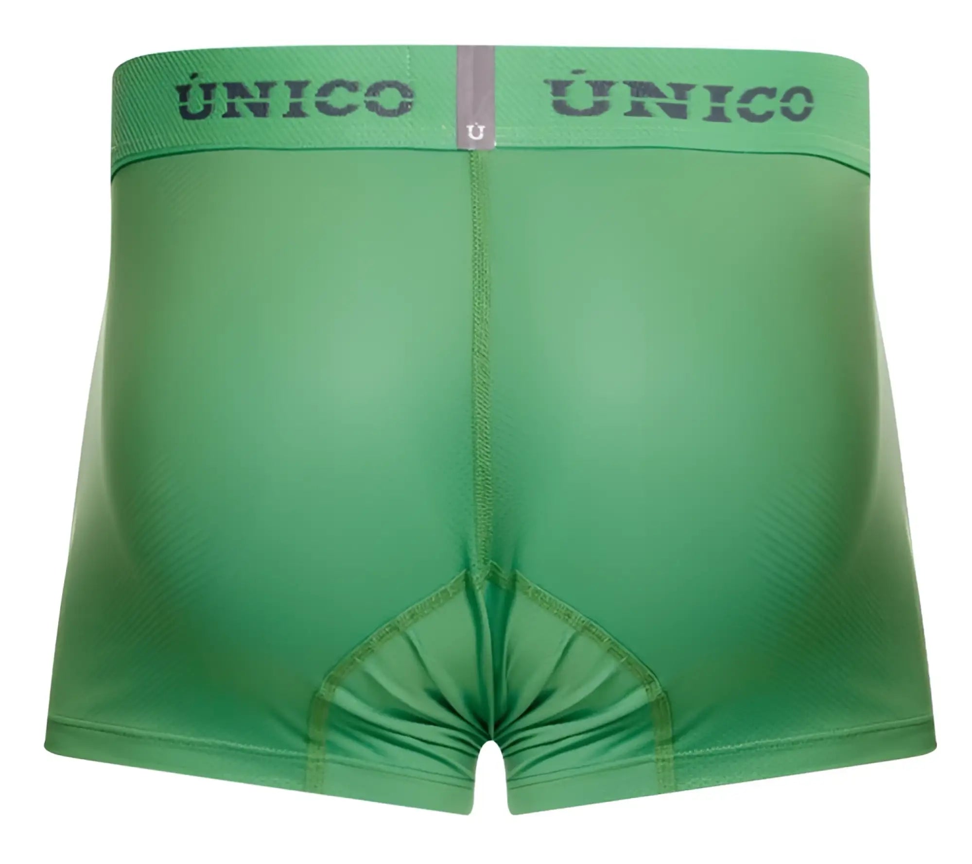 Green unico brand briefs with textured fabric and contrasting gray logo on waistband in color 43-green frog trunks